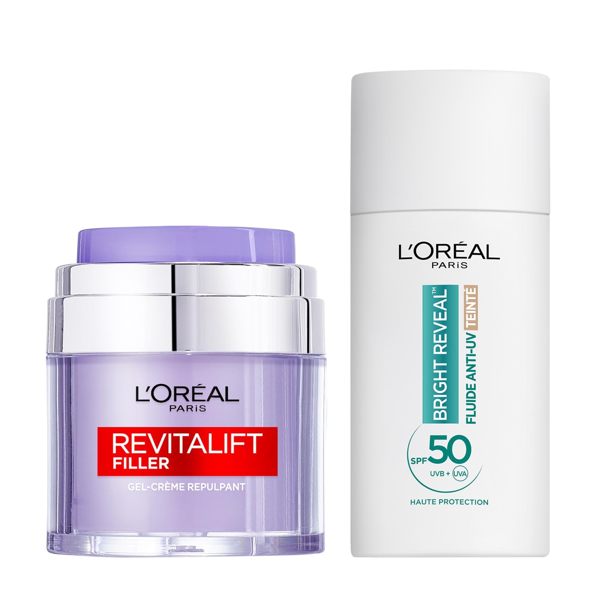 L'Oréal Paris - Fluide Anti-UV SPF50+ et Gel-Crème Repulpant - Action Hydratante, Anti-âge, Correctrice et Protection UV - Bright Reveal 50ml et Revitalift Filler 50ml - Lot de 2 Soins Visage