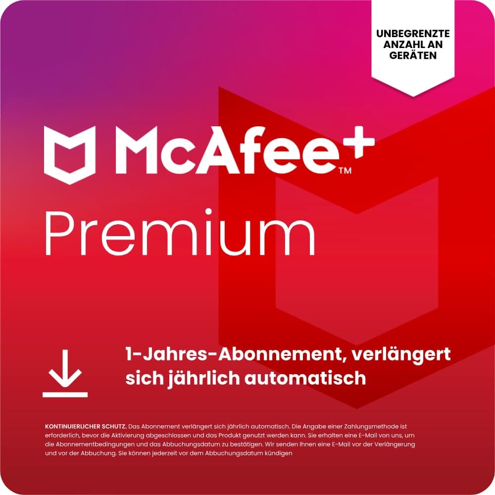 McAfee+Premium Einzelplatz 2025 (unbegrenzte Anzahl von Geräten) | 12 Monate | VPN, Virenschutz, Kennwort-Manager, Kindersicherung | 1-Jahres-Abonnement mit automatischer Verlängerung | Download