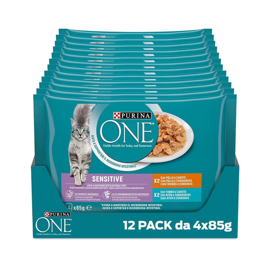 Purina One Sensitive Umido Gatto Pollo e Carote e Tonno e Carote, 48 Buste da 85g