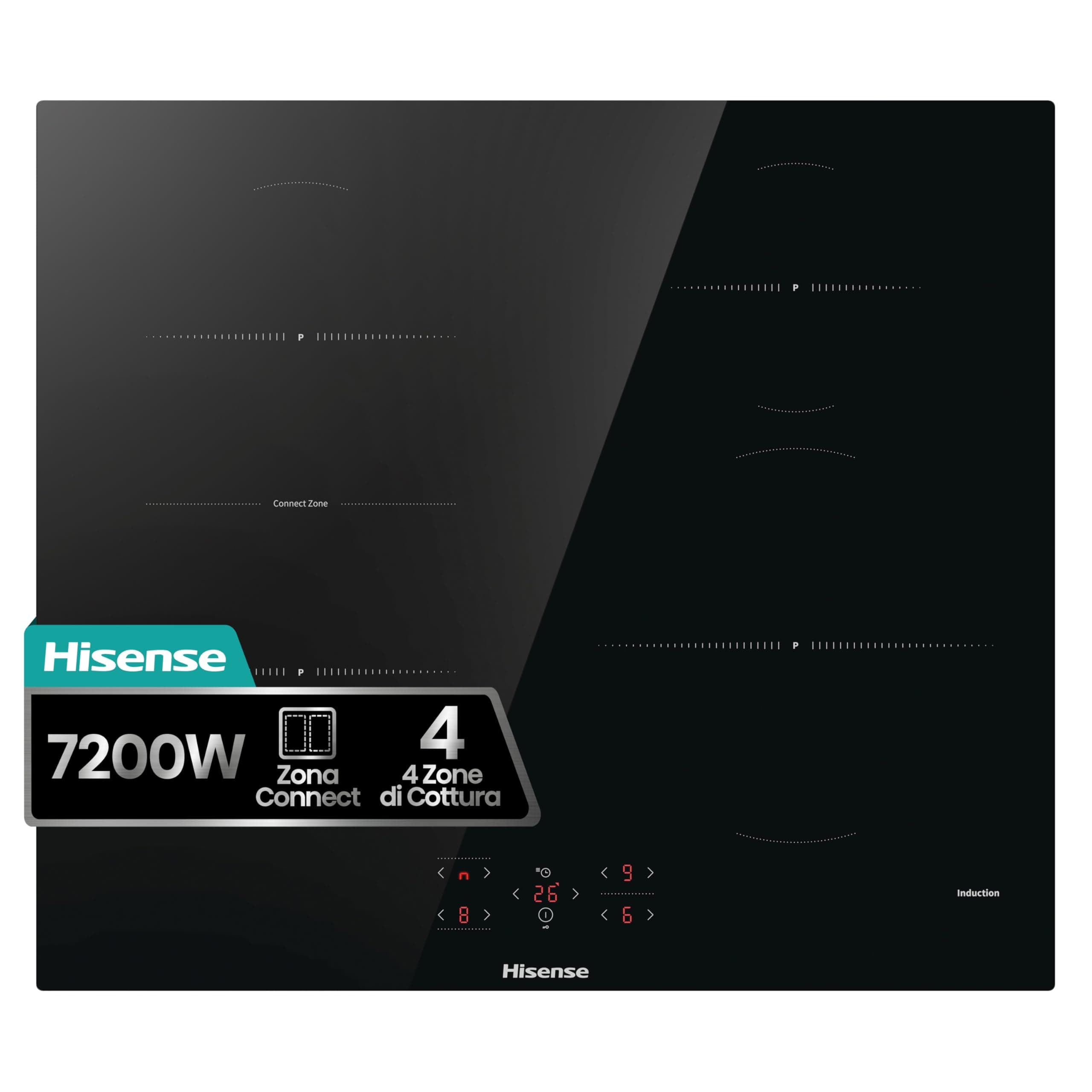 Hisense HI621FM - Piani Cottura a Induzione, 4 Zone di Cottura con Funzione Bridge, Funzione Power Boost, Timer di cottura, Indicatore di calore residuo, Nero, 595 × 54 × 520