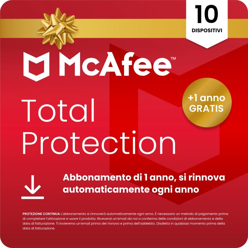 McAfee Total Protection 10 dispositivi 2026 | Esclusiva Amazon | Antivirus, VPN | Abbonamento di 1 anno con rinnovo automatico + 1 anno di protezione extra GRATUITO | Download digitale