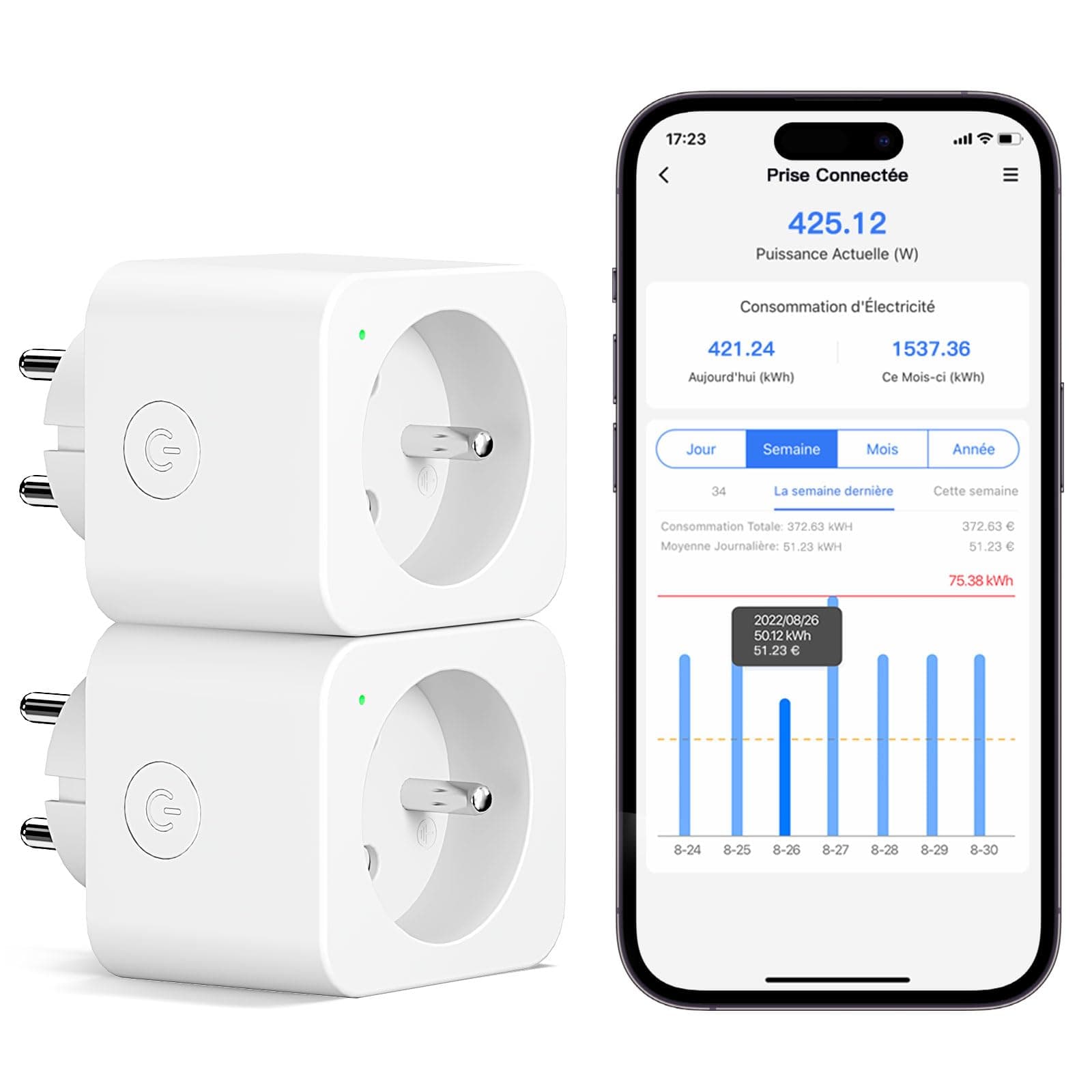 Meross Prise Connectée (FR), 16A Prise WiFi Compatible avec Alexa et Google Home, Lot de 2 Prise Mesure Consommation Intelligente avec Commande Vocale, Contrôle à Distance et Configuration Bluetooth