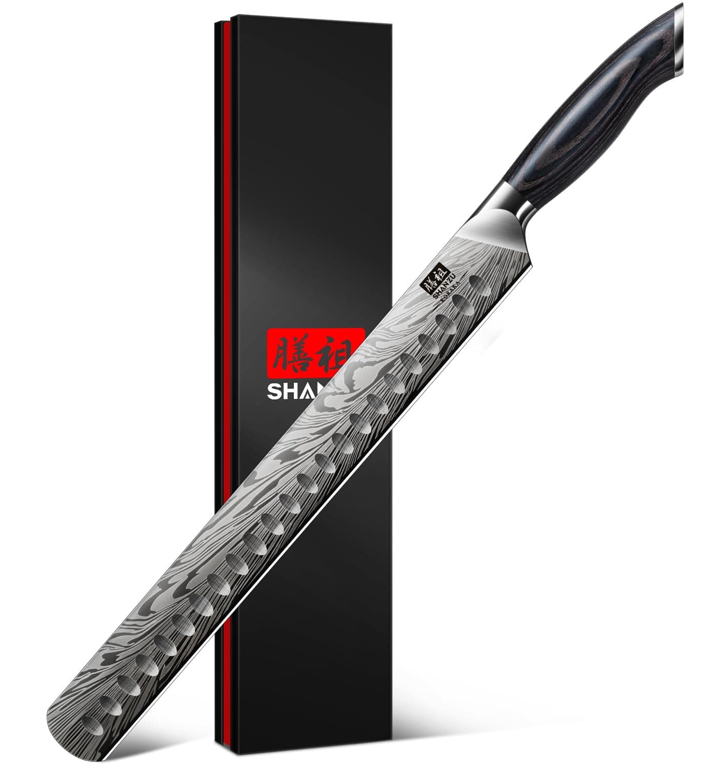 SHAN ZU Japonais Couteau à Jambon 30 cm Acier en poudre, Couteau à Barbecue Tranchant à Haute Teneur en Carbone de 12°, Couteaux de Cuisine avec Manche Ergonomique