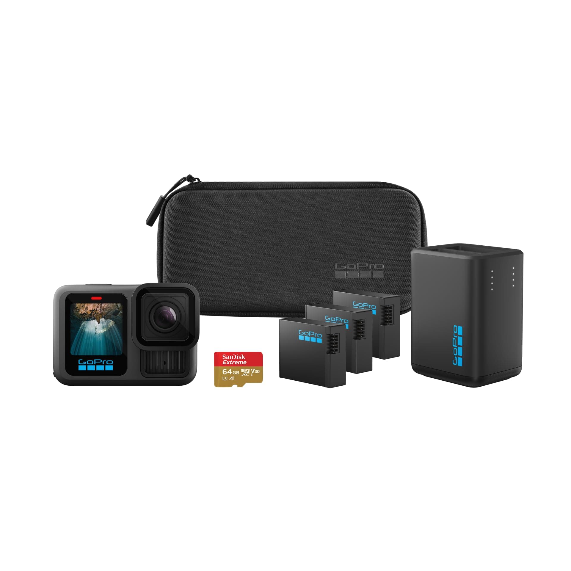 GoPro HERO13 Black Extended Power Bundle – Dualladegerät, 3 Enduro Akkus, 1 Gebogene Klebehalterung, MicroSD-Karte mit 64 GB, Befestigungsclip + Flügelschraube, 2 USB-C-Kabel, Kamera-Case