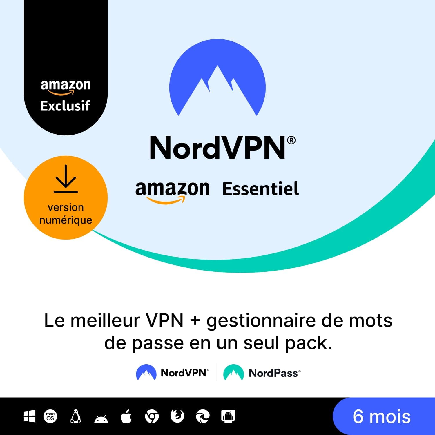 NordVPN Amazon Essentiel, 10 Appareils, 6 Mois, VPN et Gestionnaire de Mots de Passe, Code Numérique
