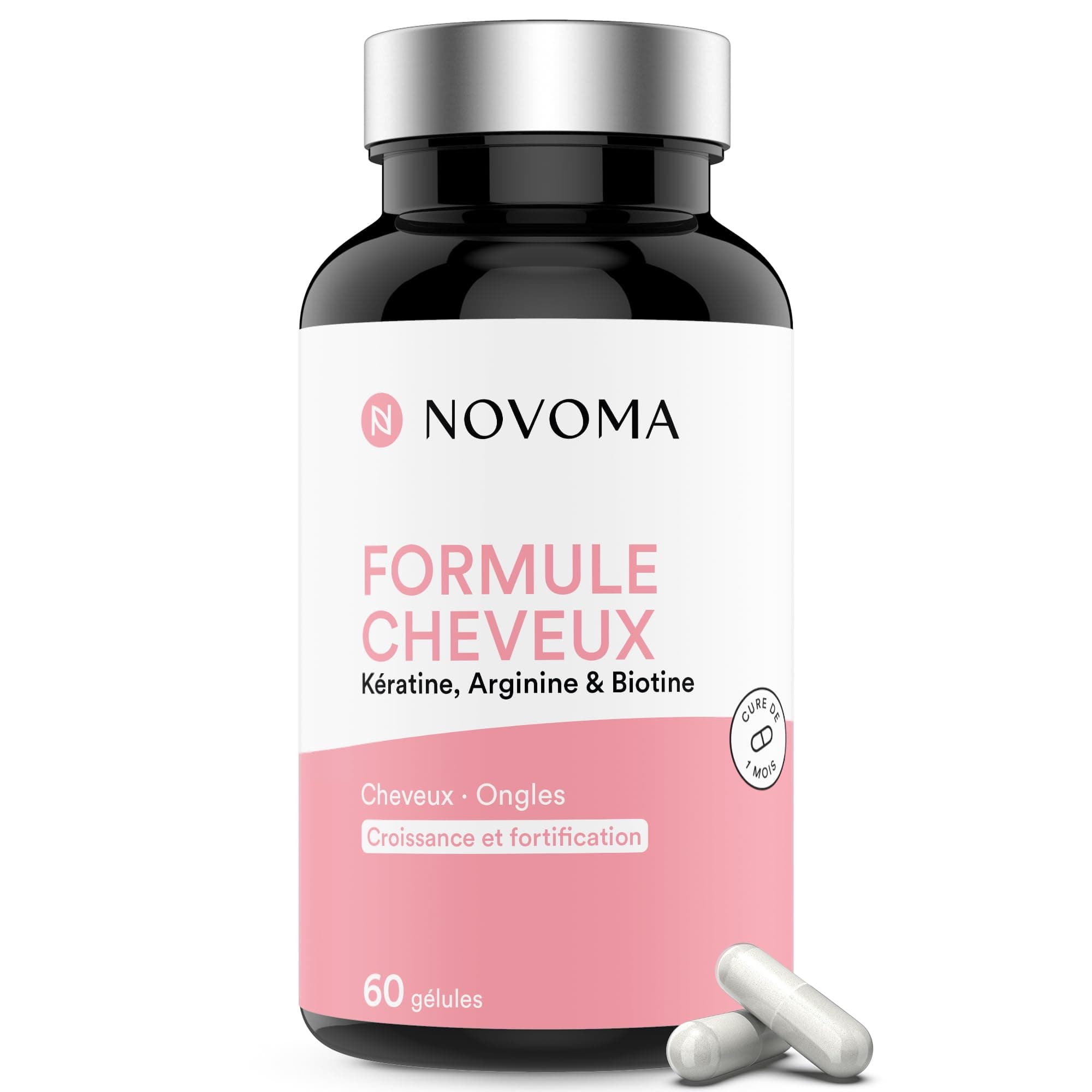NOVOMA Formule Cheveux, Pousse & Fortification, Complément Alimentaire avec Biotine, Kératine, Sélénium, Zinc & Roquette, Cure de 1 mois, 60 Gélules Vegan, Fabriqué en France