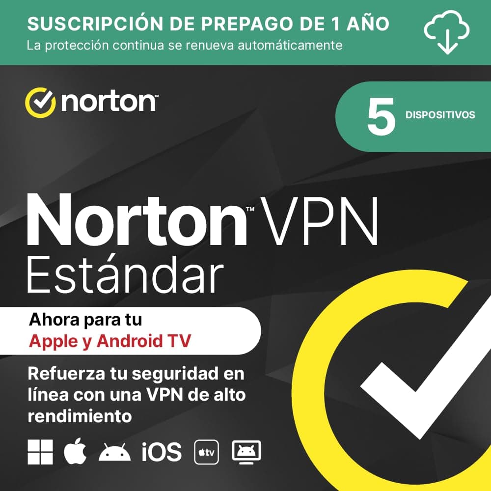Norton VPN Standard 2025 | 5 Dispositivos| 1 año de suscripción con renovación automática | PC/Mac/Android/iOS | Código de activación enviado por email