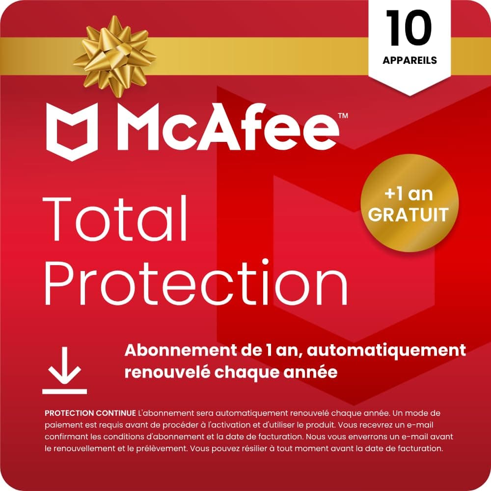 McAfee Total Protection 10 appareils 2026 | Exclusivité Amazon | Antivirus, VPN | Abonnement 1 an avec renouvellement automatique + 1 an de protection supplémentaire GRATUIT | Téléchargement numérique