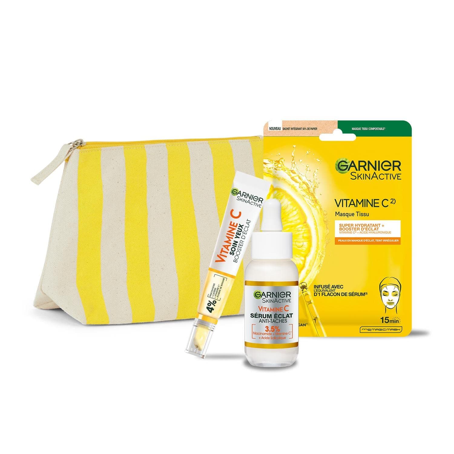 Garnier Skin Active - Trousse Routine Éclat Visage à la Vitamine C - Sérum Anti-Taches 30 ml + Soin Yeux 15 ml + Masque Tissu Hydratant - Illuminateur, Hydratant, Anti-Cernes - Peaux Ternes