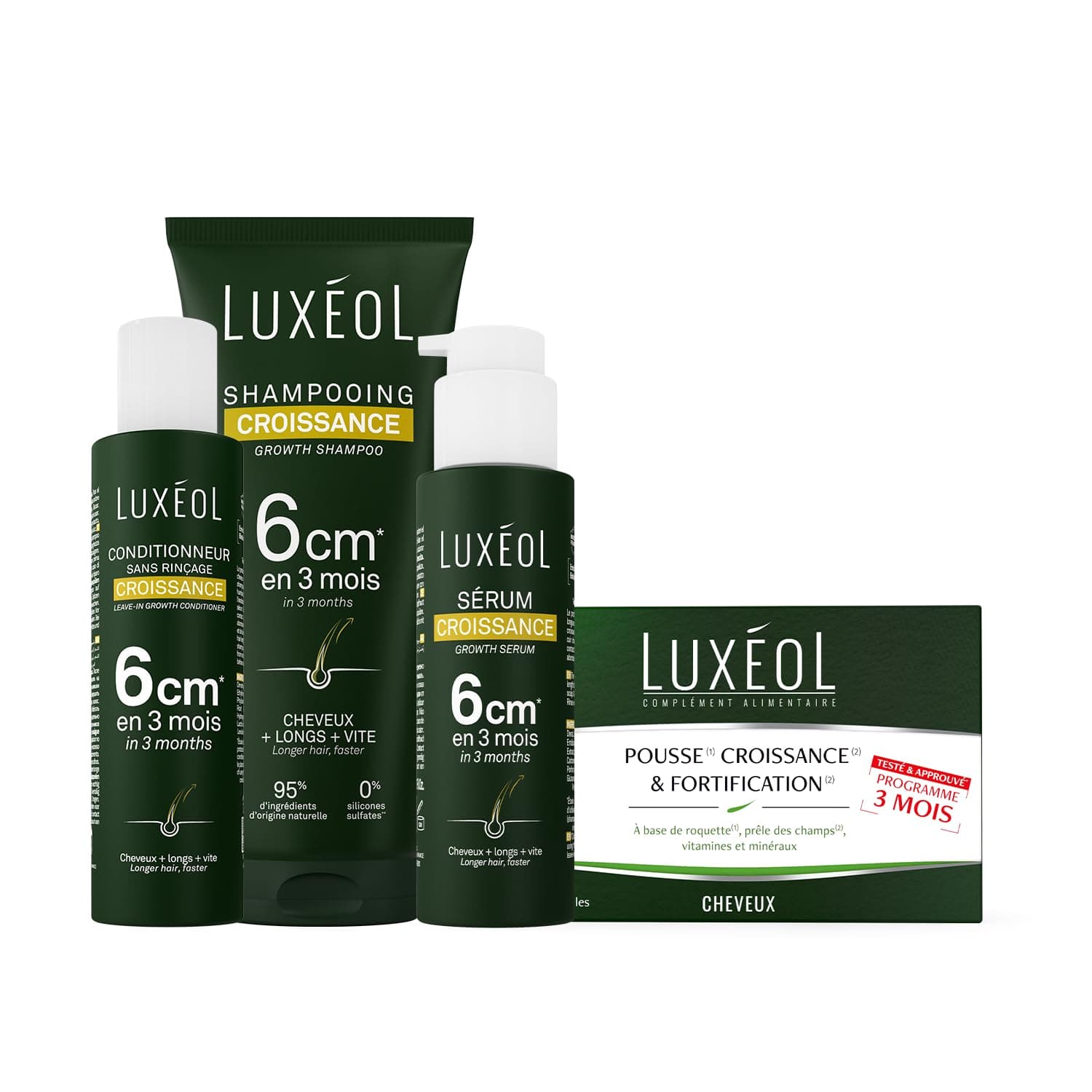 LUXEOL - Routine Croissance In & Out* - Cheveux + longs + vite - Shampooing (200 ml) + Conditionneur (150 ml) + Sérum (100 ml) + Complément Alimentaire Pousse, Croissance & Fortification (3 Mois)