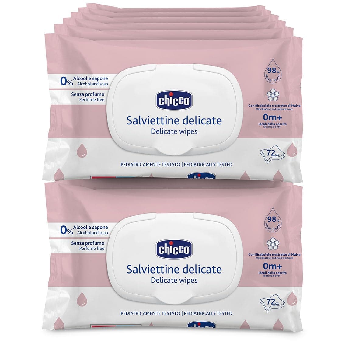 Chicco Salviette Neonato Delicate Detergenti Multiuso Con Clip, Senza Alcool, Adatte per Pelli Sensibili, Megapack da 864 Salviette, 12 Confezioni da 72 Salviettine