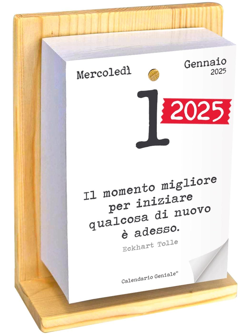 Calendario Geniale 2025. L'Originale. Il Primo con Bonus digitali. Supporto Legno di Abete Naturale Biologico. Idea Regalo. Leggi ogni giorno una frase e il pensiero Filosofico. Calendario con scatola