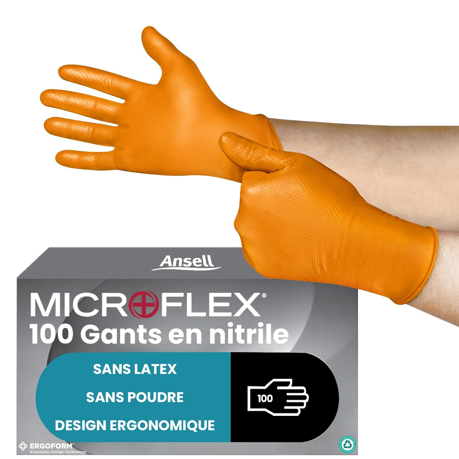 Ansell MicroFlex 93-256 Gants Jetables en Nitrile, Non Poudrés, Protection Multiusage, Alimentaire, Chimique et Mécanique, Sans Latex, Orange, Taille M (100 Pièces)