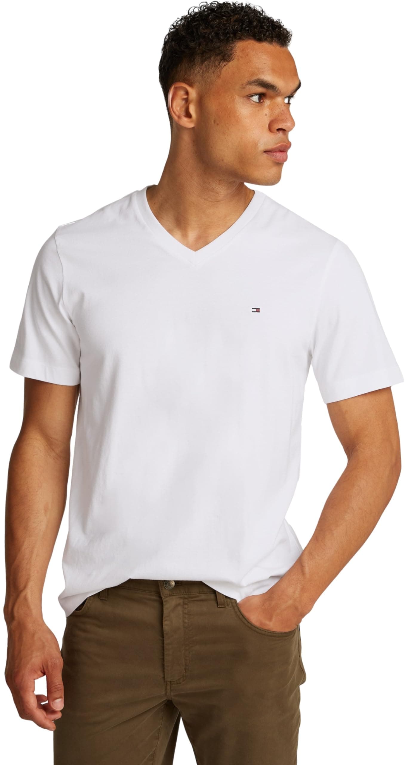 Tommy Hilfiger T-Shirt Manches Courtes Homme Essential Tee avec Col en V, Blanc (White), L