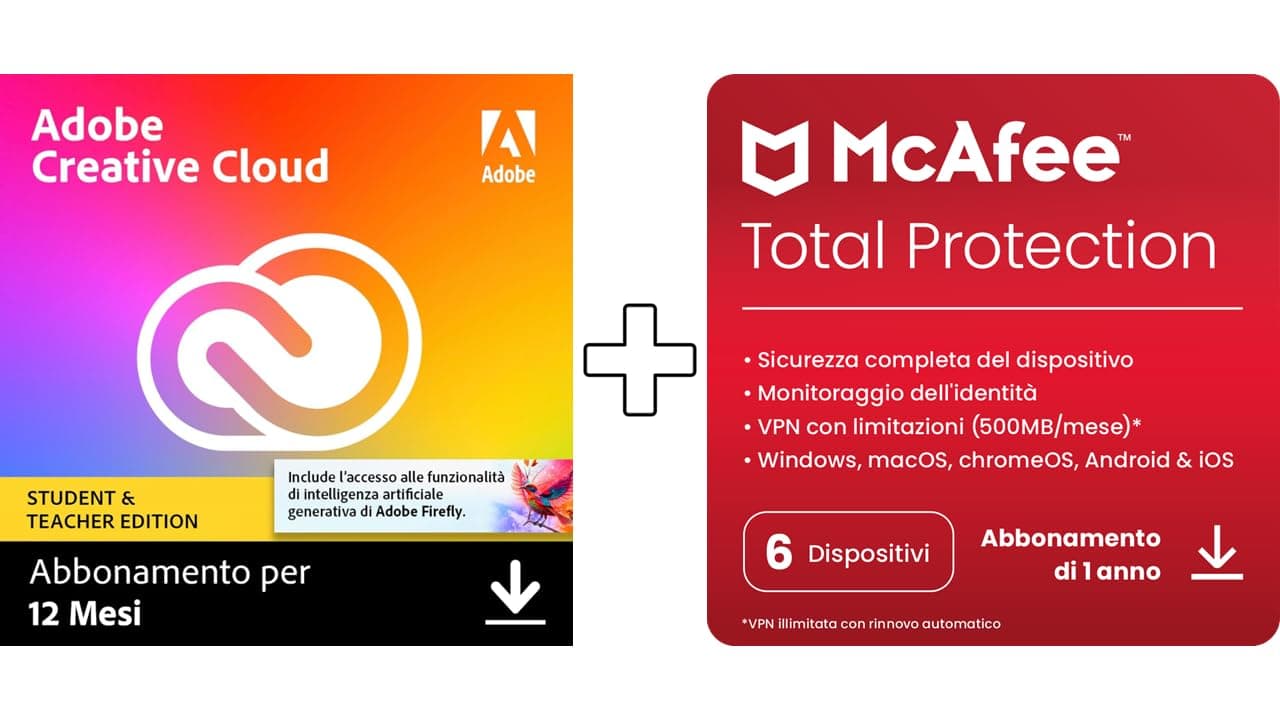 Adobe Creative Cloud All Apps Student & McAfee Total Protection 2025 | 6 Dispositivi |12 Mesi | Download Digitale | 2025 | 2025 | Codice d'attivazione via email