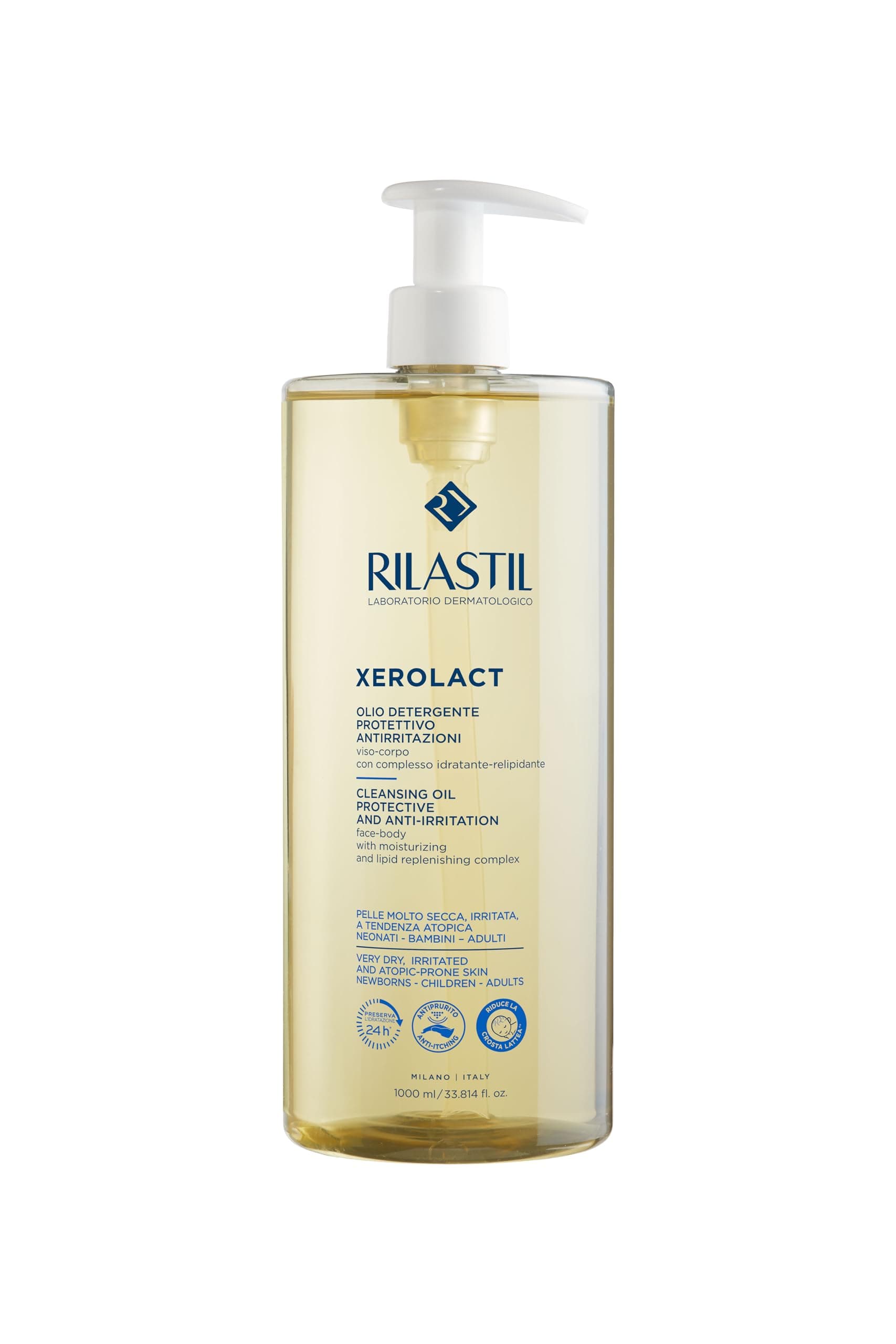 Rilastil Xerolact Olio Detergente Viso e Corpo per Neonati, Bambini e Adulti, Idratante, Relipidante, per Pelli Secche, Irritate e con Tendenza Atopica. Confezione da 1000 ml
