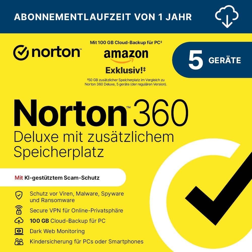 Norton 360 Deluxe mit extragroßer Backup-Kapazität – Amazon Exklusiv* 50GB zusätzlicher Cloud-Backup Speicher. Antivirus Software für 5 Geräte und einem Jahr Laufzeit