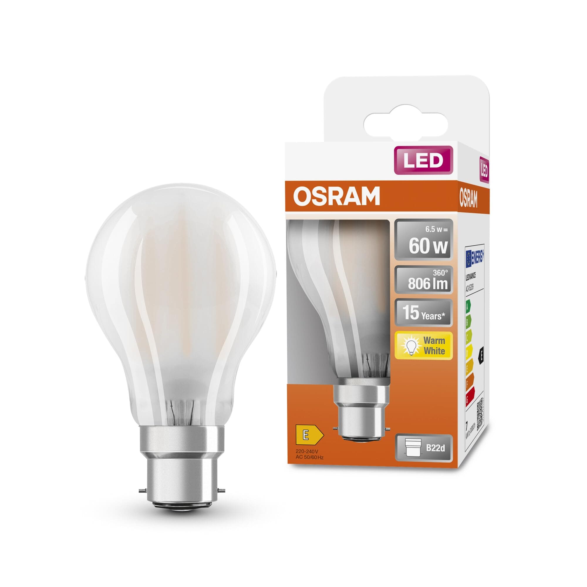 OSRAM LED Star Classic A60 LED lampe pour la base B22D, Forme de poire, GL FR, 806 lumens, blanc chaud (2700k), remplacement des ampoules 60W conventionnelles, non dimmables, 6 pack