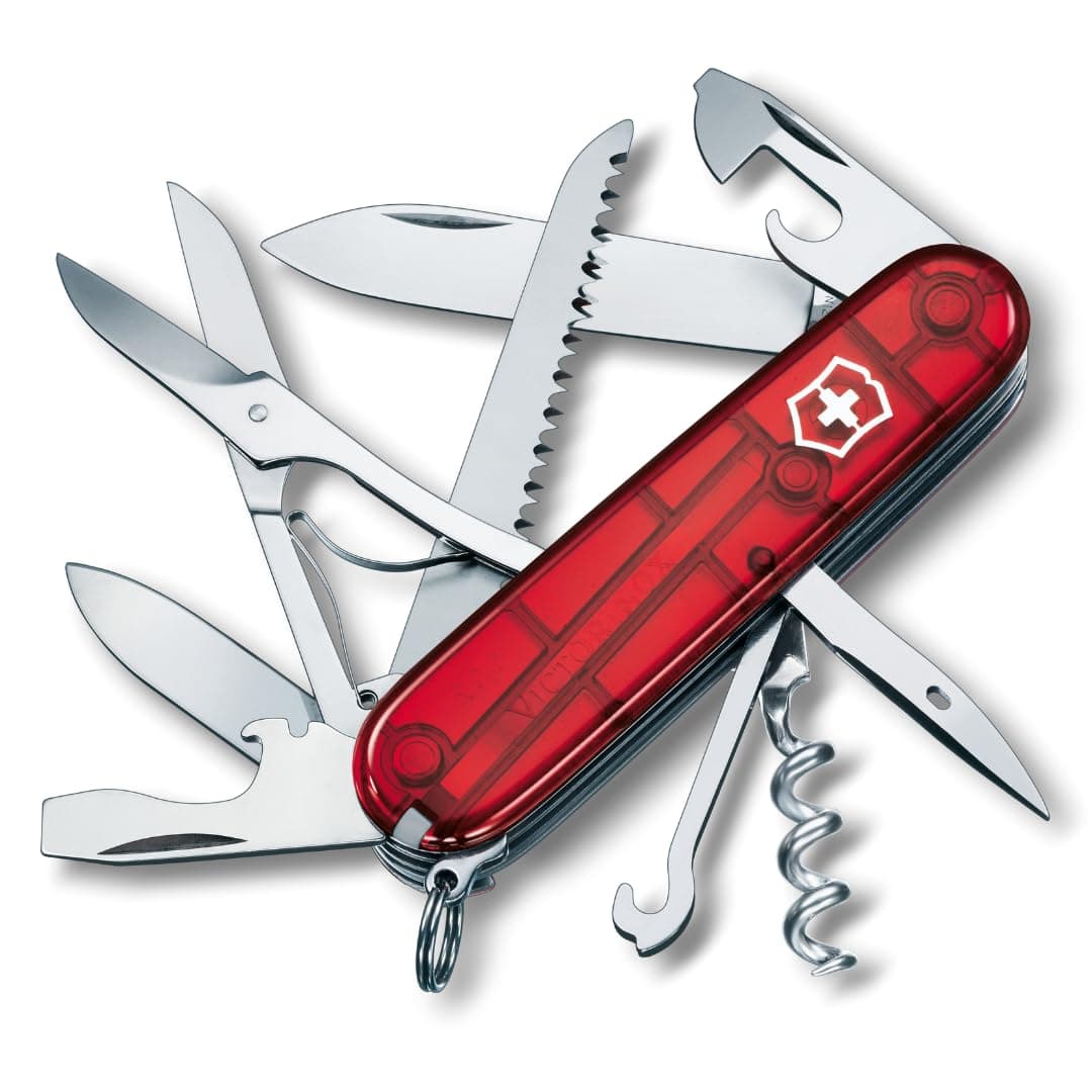 Victorinox Schweizer Taschenmesser Huntsman, Multitool, Swiss Army Knife mit 15 Funktionen, Klinge, Korkenzieher, Dosenöffner, Faltschachtel, Rot Transparent