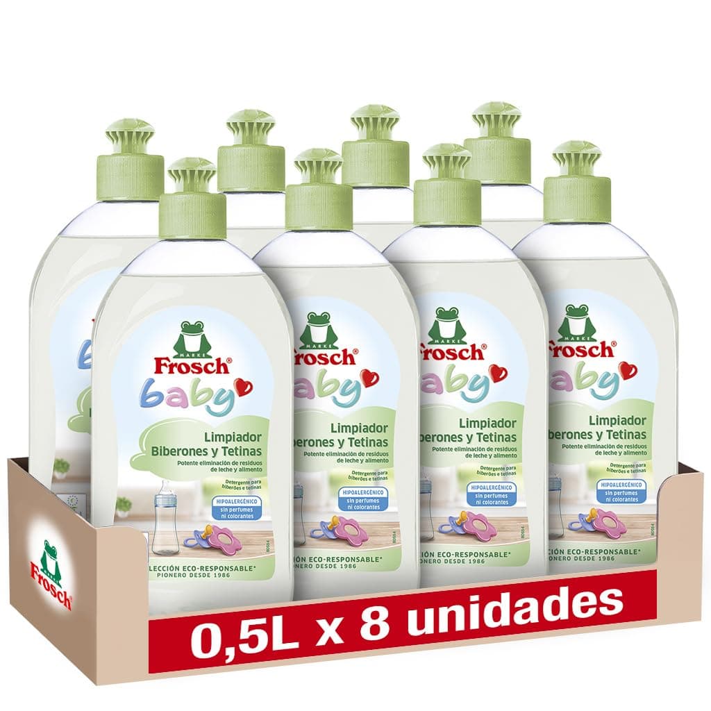 Frosch Baby - Limpiador de Biberones y Tetinas, Elimina Restos de Leche y Comida, Producto Hipoalergénico y Ecológico - Pack de 8 Unidades x 500 ml