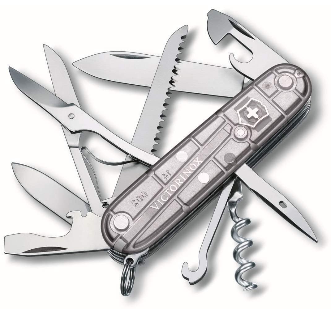 Victorinox Huntsman Couteau de Poche Suisse, Léger, Multitool, 15 Fonctions, Grand Lame, Tire Bouchon, Ouvre Boite, Argent Transp.