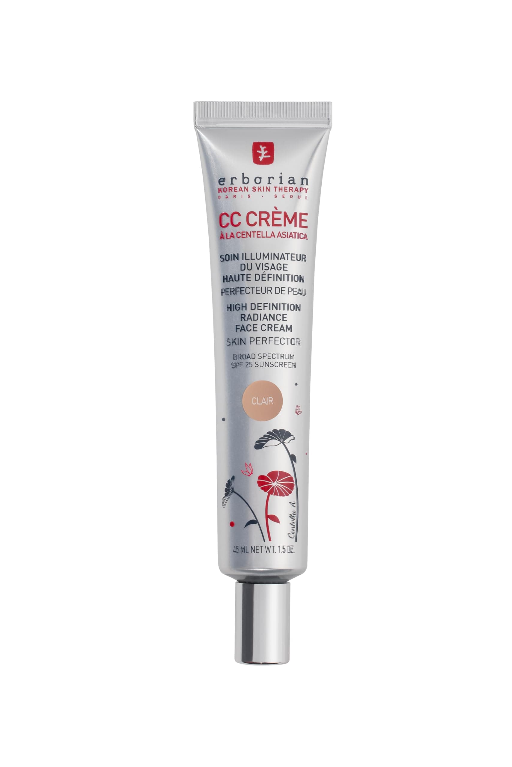 Erborian - CC Crème con Centella Asiática - Maquillaje y Cuidado Iluminador de Alta Definición para el Rostro - Protección Solar SPF 25 - Cuidado Cosmético Coreano - Claro 45 ml