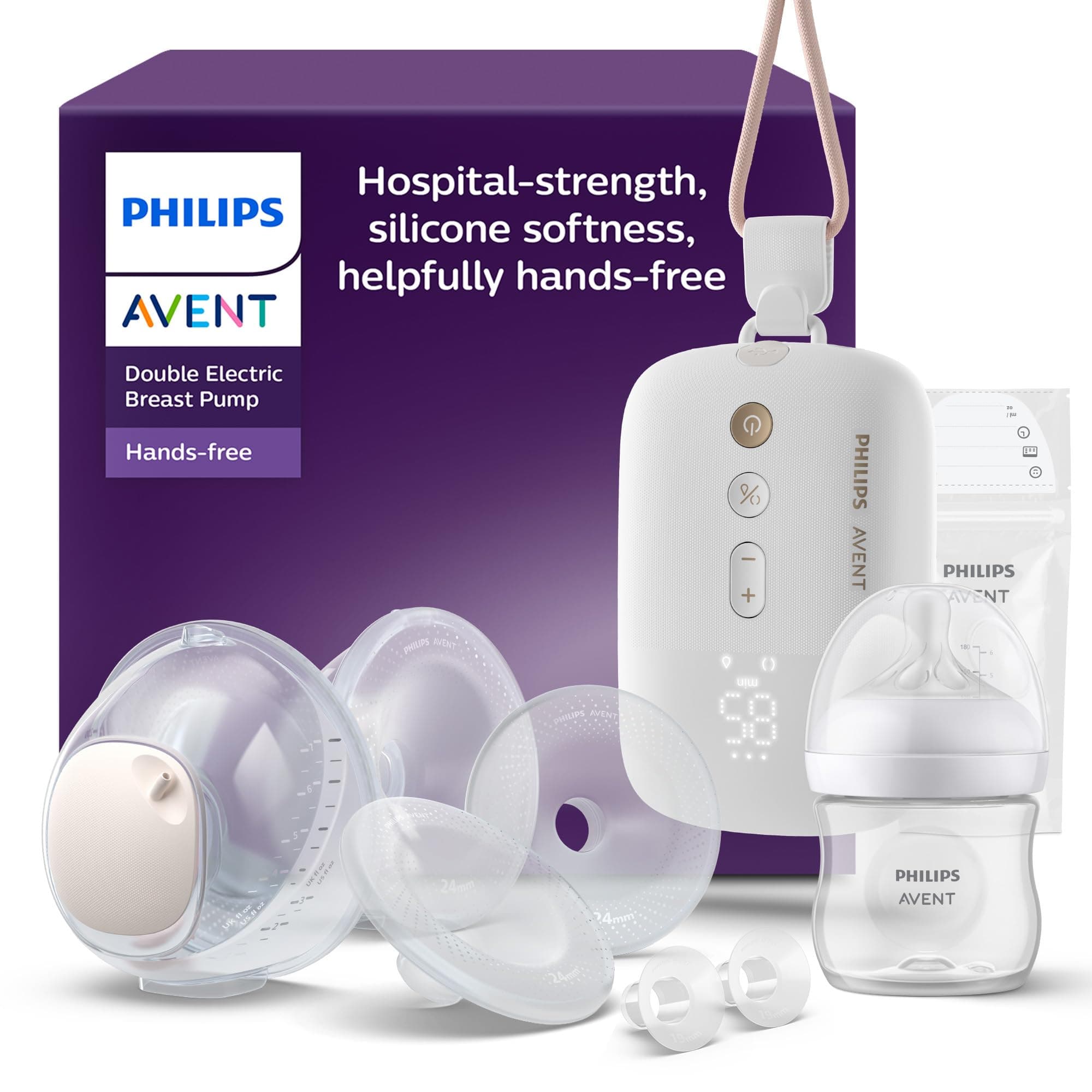 Philips Avent extractor de leche eléctrico doble manos libres, motor con gran capacidad de succión, imita el ritmo de ingesta del bebé, bombea hasta 85 veces por minuto, 4 cojines, SCF547/11