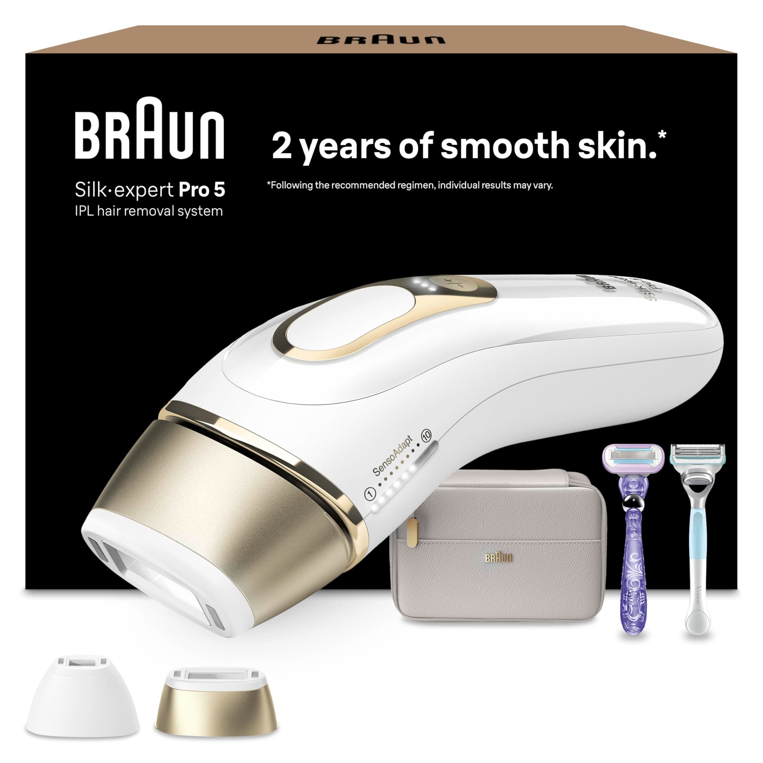 Braun IPL Silk Expert Pro 5 – IPL Geräte Haarentfernung, Dauerhafte und Schmerzfreie Haarentfernung für Zuhause – inkl. Etui, 2 Venus Rasierer, 2 Aufsätze, Designed In Germany – PL5157, Weiß/Gold