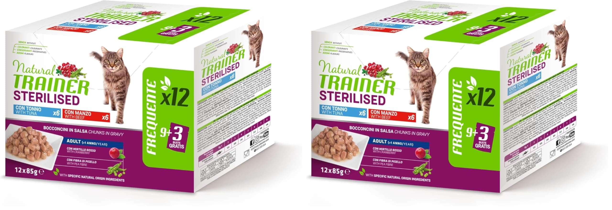 Natural Trainer Cibo Umido per Gatti Adulti Sterilizzati, Multipack Tonno e Manzo 12 x 85 g (Confezione da 2)