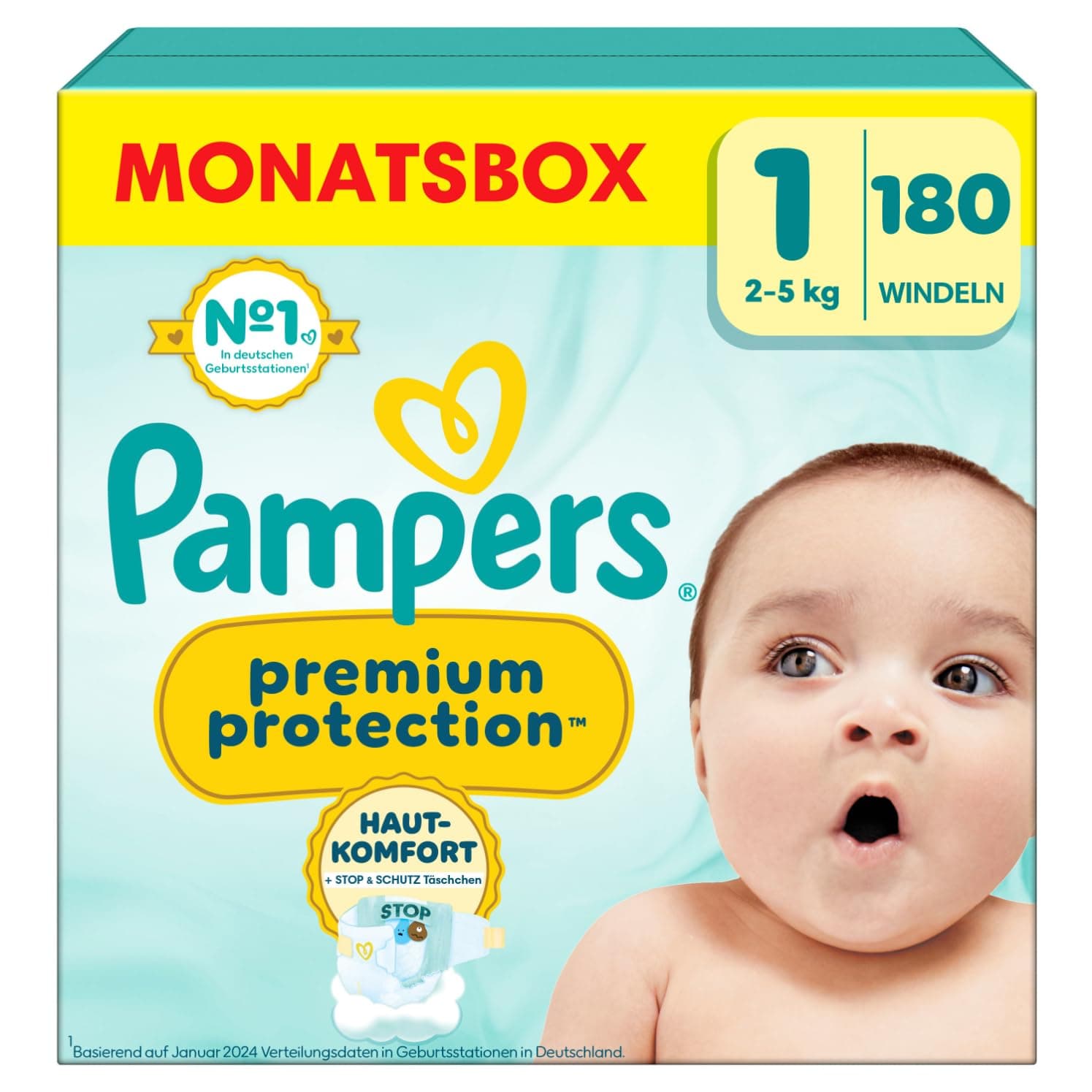 Pampers Premium Protection Größe 1, 180 Windeln, 2kg-5kg, Doppelter Schutz für die Haut und vor Auslaufen