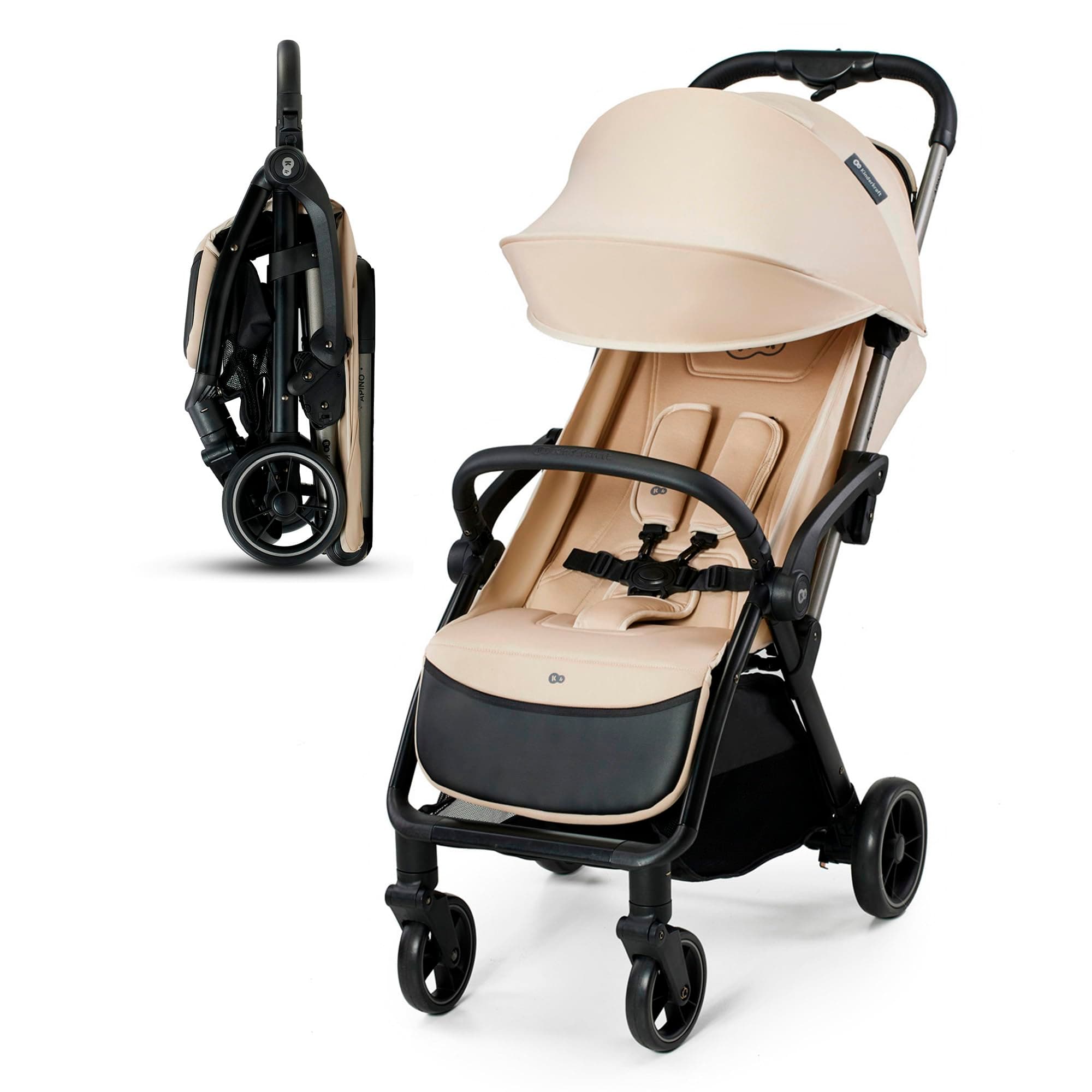 Kinderkraft APINO Poussette Légère, Ne Pèse Que 7,5 kg, Poussette De Voyage, Pliage automatique, AUTO FOLDING, Facile À Pince, Dossier Réglable En Position Allongée, poids maximum jusqu'à 24 kg, Beige