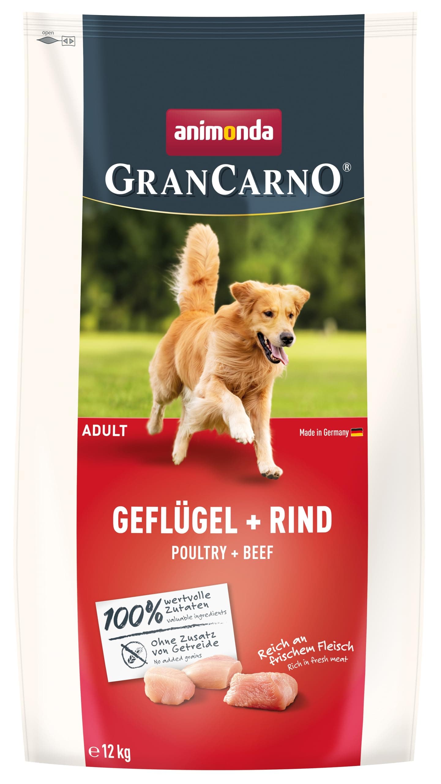 animonda GranCarno Adult Hundetrockenfutter getreidefrei Geflügel + Rind (1 x 12 kg), Trockenfutter für Erwachsene Hunde ohne Gluten und Weizen, Hundefutter trocken mit hoher Bekömmlichkeit