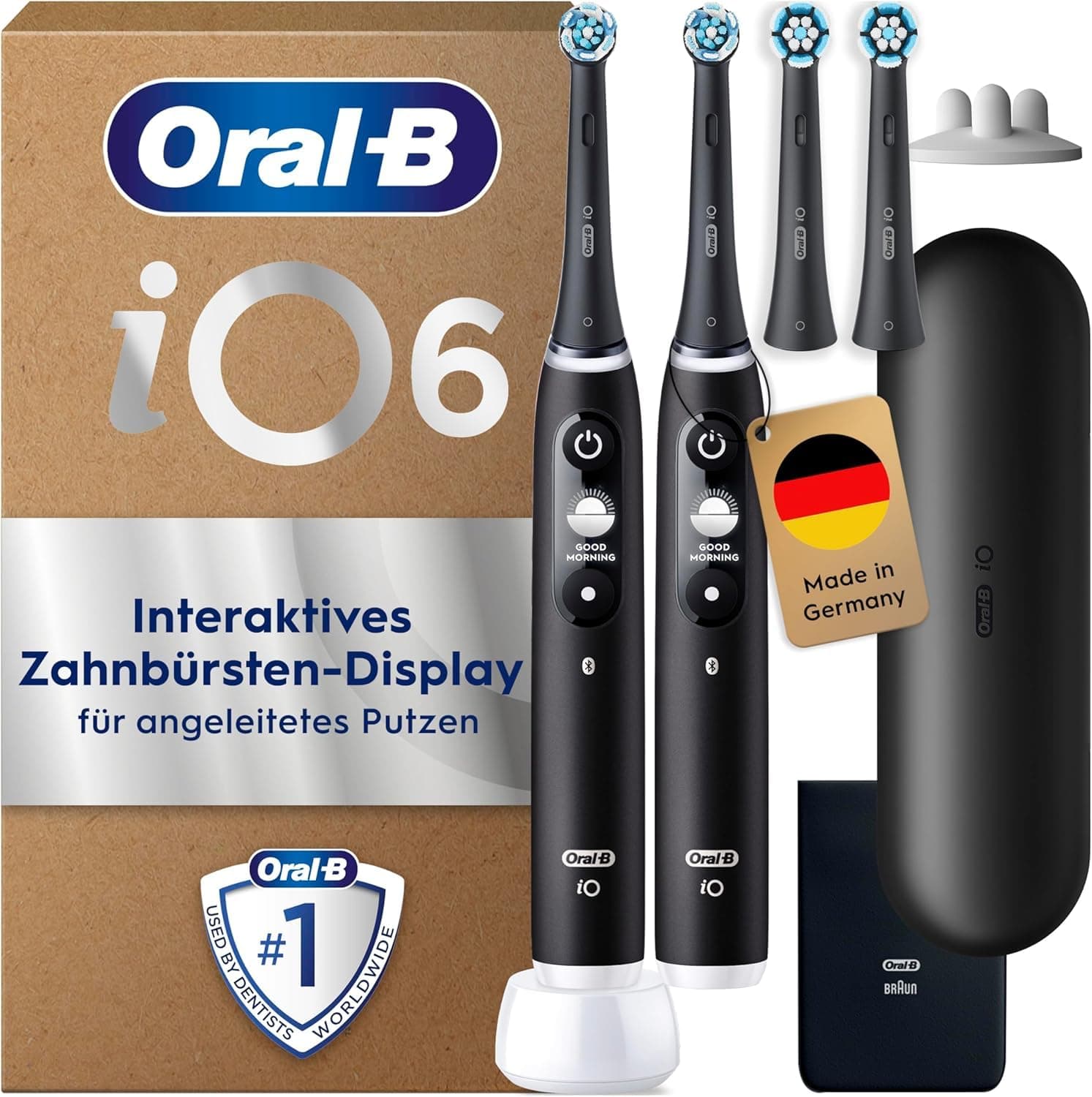 Oral-B iO Series 6 Plus Edition Doppelpack Elektrische Zahnbürste/Electric Toothbrush, PLUS 4 Aufsteckbürsten, 5 Putzmodi für Zahnpflege, Reiseetui, Designed by Braun, Black Lava/Black Lava