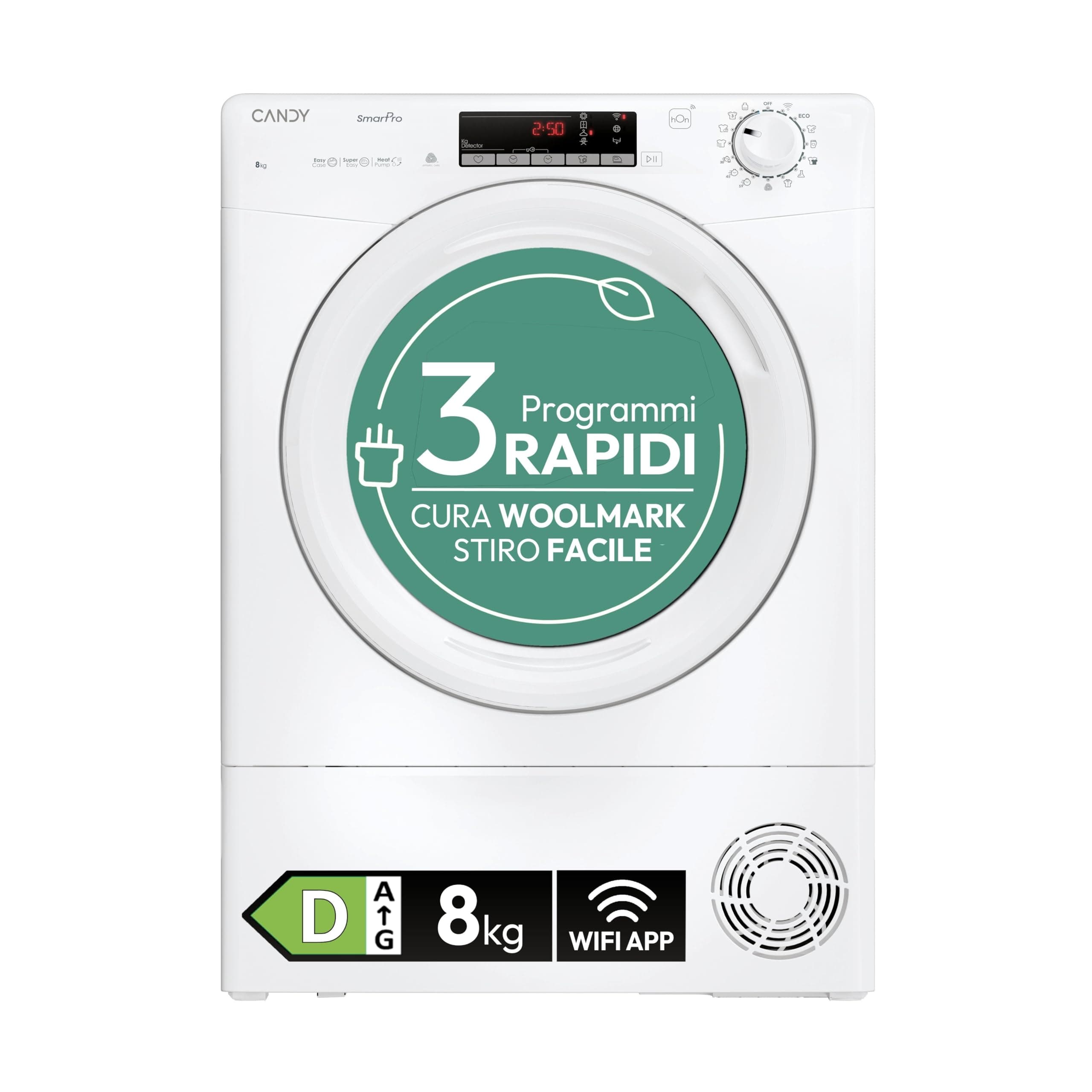 Candy Smart Pro CRO EH8N2TE-S Asciugatrice a Pompa di Calore, 8 kg, Connettività Wi-Fi + BLE, Programma Stiro Facile, Libera Installazione, 85x 60 x 58.5 cm (A x L x P cm), Bianco, Classe D