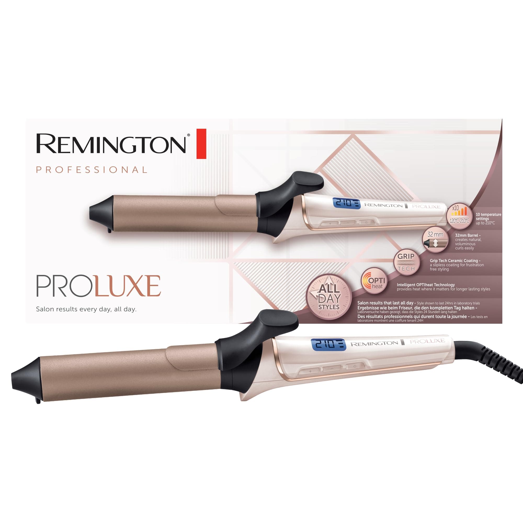 Remington Lockenstab große Locken [32mm] PROluxe Digital (OPTIheat-Technologie, Grip-Tech-Keramik-Beschichtung) -LCD-Display bis 210°,sanfte Wellen für feines bis kräftiges Haar, Schwarz/Braun, CI9132