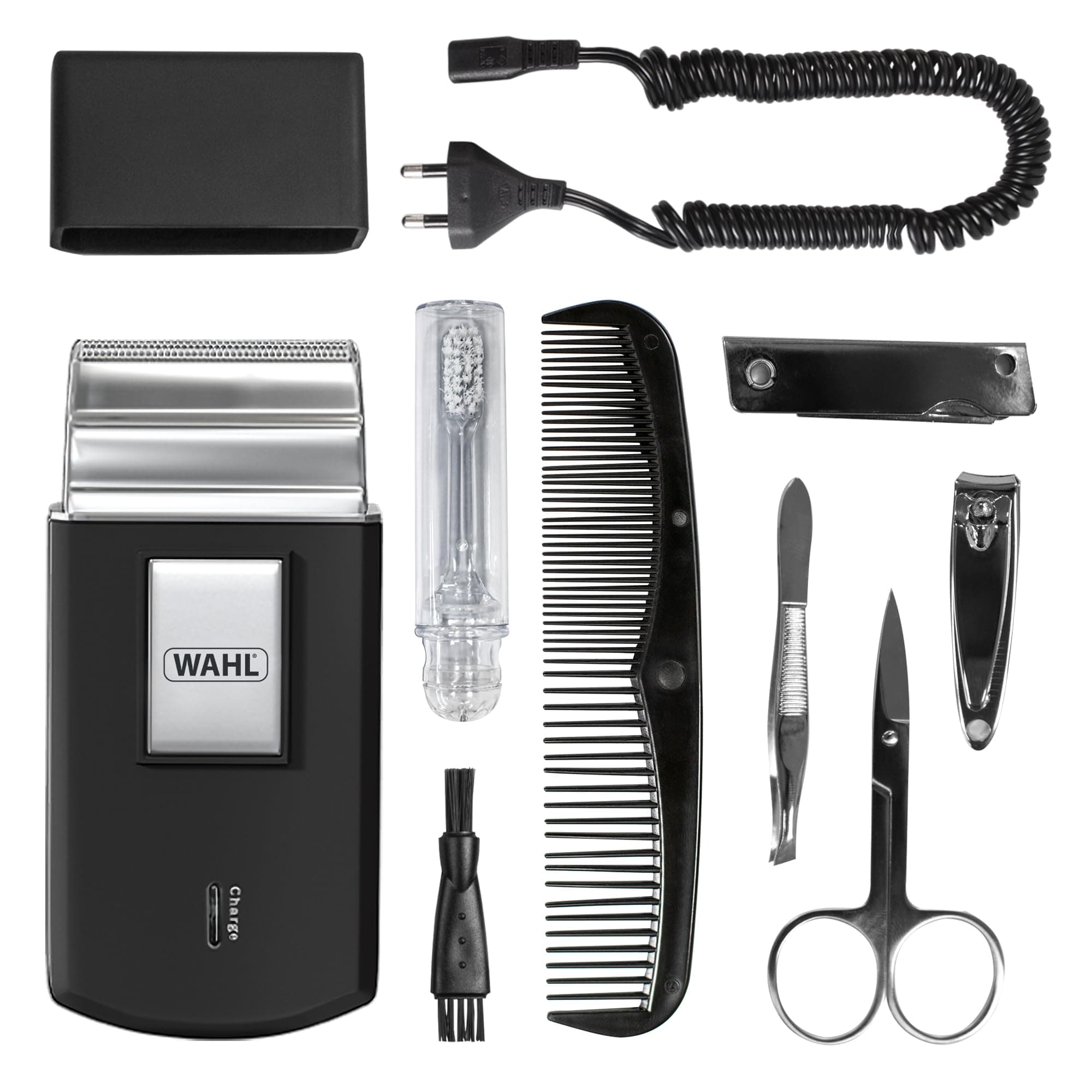 WAHL Travel Shaver Kit, rechargeable, grille de rasoir flexible, inclu une brosse à dents, une lime à ongles, coupe-ongles, une pince à épiler, un peigne, parfait pour le voyage, petit, étui de voyage