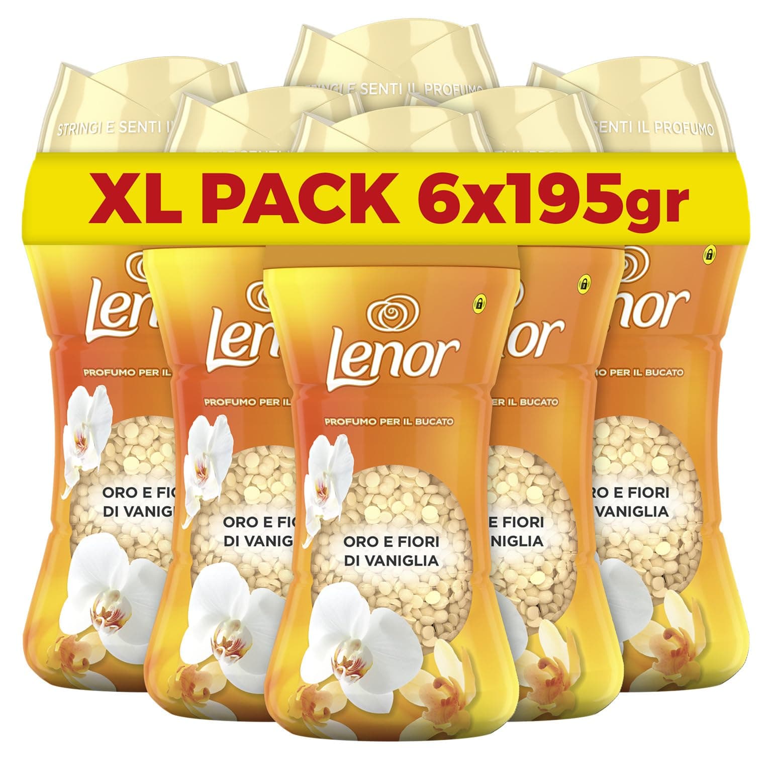 Lenor Profumatore Bucato Perle Profumate Lavatrice,Oro e Fiori Di Vaniglia, Maxi Formato 6 x 195g, Intensificatore Di Profumo