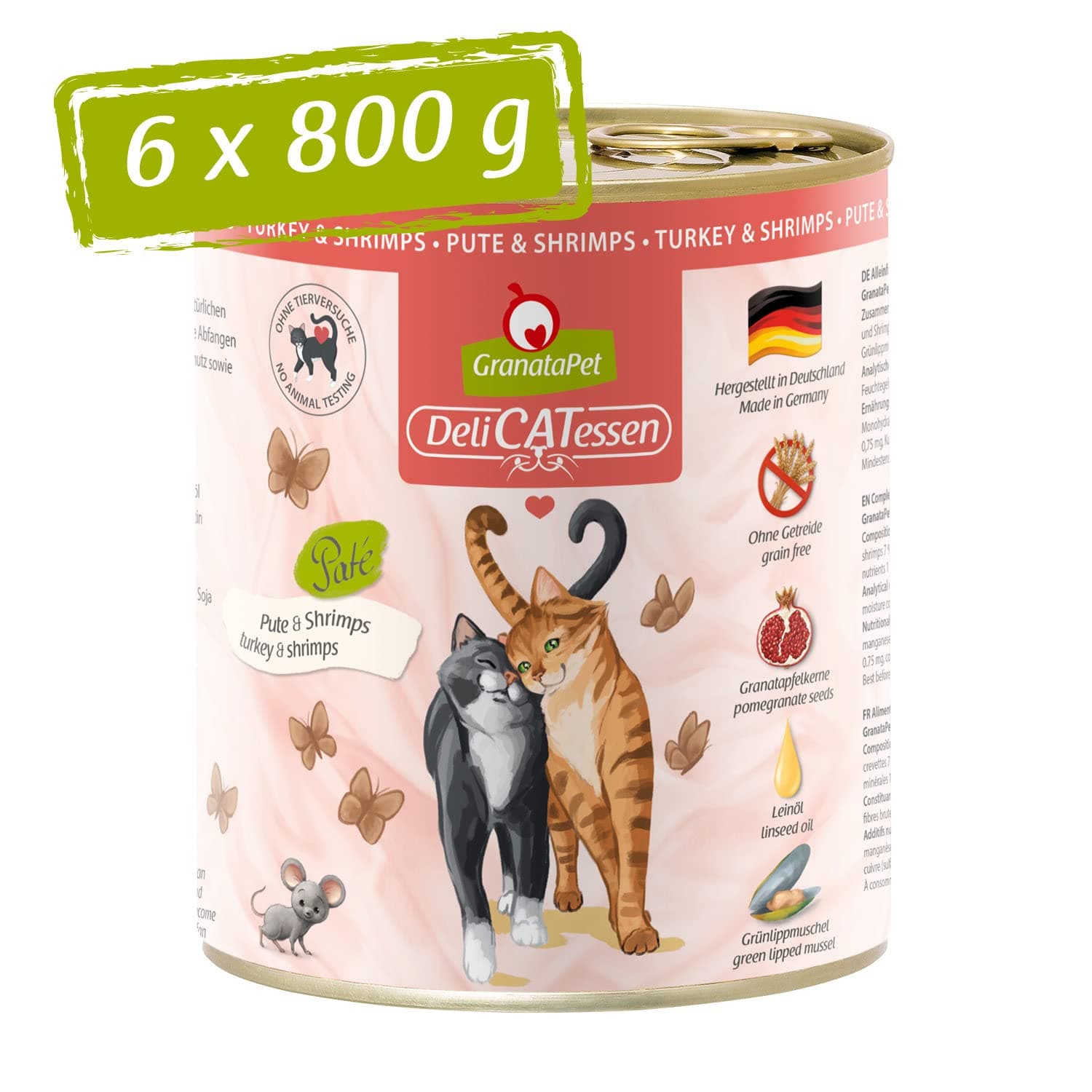 GranataPet DeliCatessen Pute & Shrimps, Nassfutter für Katzen, Katzenfutter für Feinschmecker, Futter ohne Getreide & ohne Zuckerzusätze, 6 x 800 g