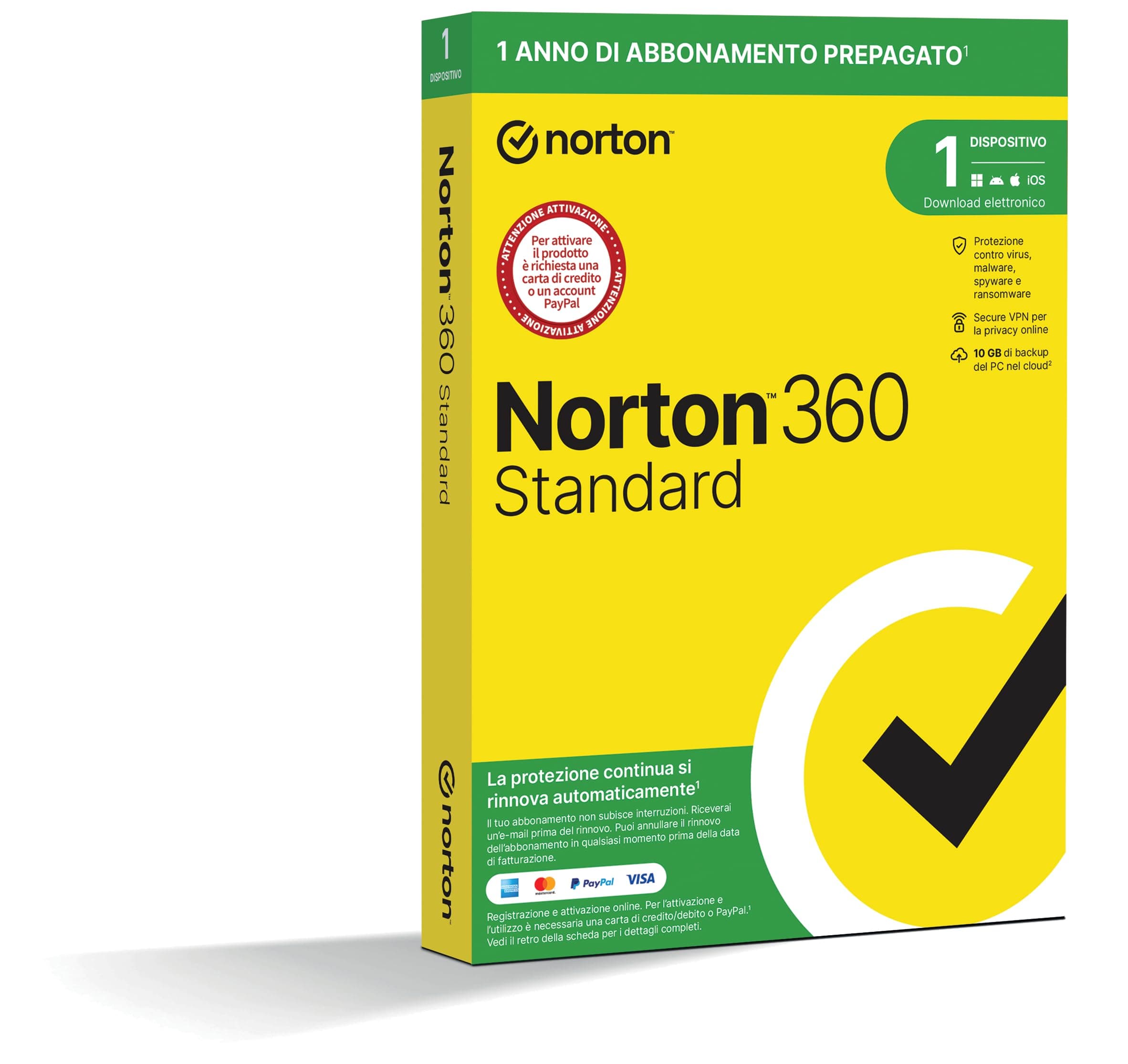 Norton 360 Standard 2025, Antivirus 1 dispositivo, 1 anno rinnovo automatico, prodotto fisico
