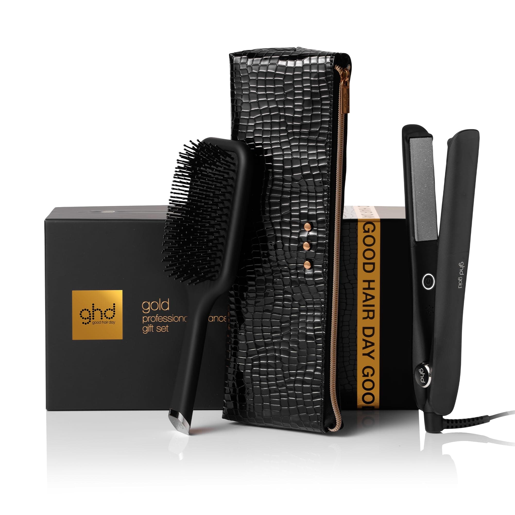 ghd Set Regalo Gold, Include Piastra per Capelli Professionale, Spazzola Districante Paddle Brush e Custodia Termoresistente, Per Look Lisci e dall'Aspetto Morbido, +65% di Lucentezza