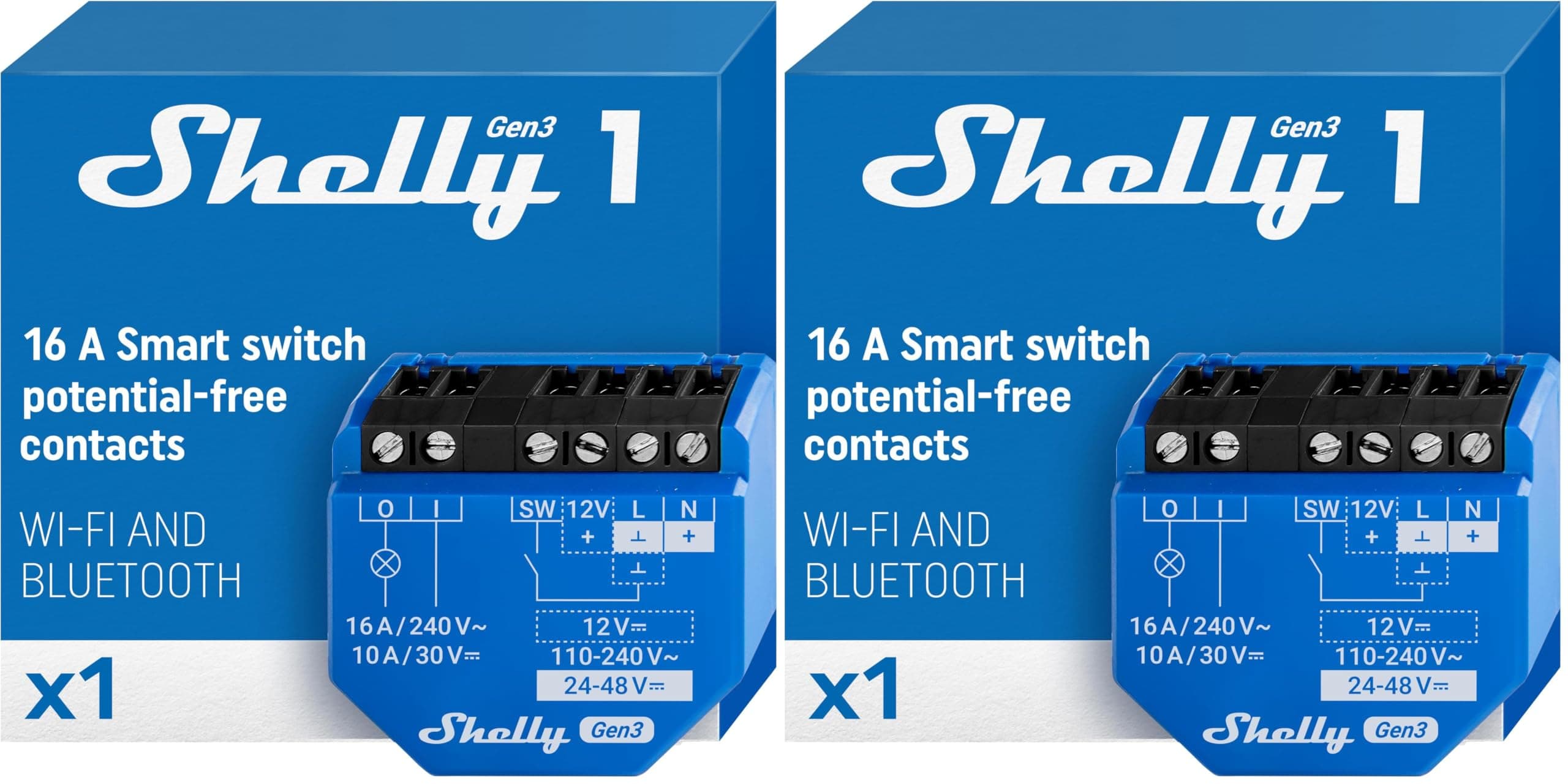 Shelly 1 Gen3, Wi-Fi Interruttore Intelligente Relé, 1 Canale, 16А, Contatto Pulito, Controllo Remoto e Automazione, Porta del Garage, Nessun Hub Richiesto, Alexa, Google Home (Confezione da 2)