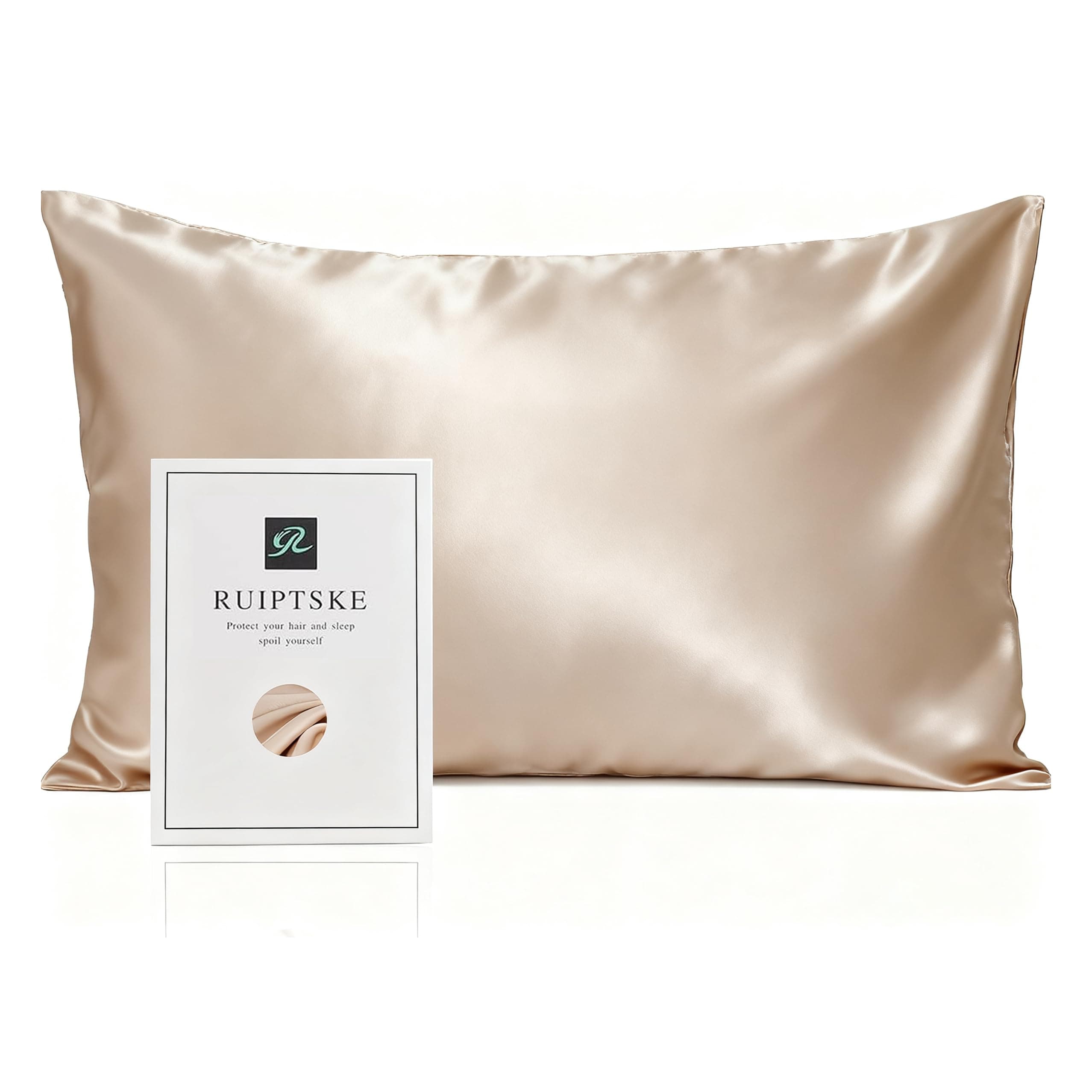 RUIPTSKE Taie d’oreiller en soie naturelle, hypoallergénique, 22 mommes, 100 % soie, 600 fils avec fermeture éclair (champagne clair, 50 x 90 cm)