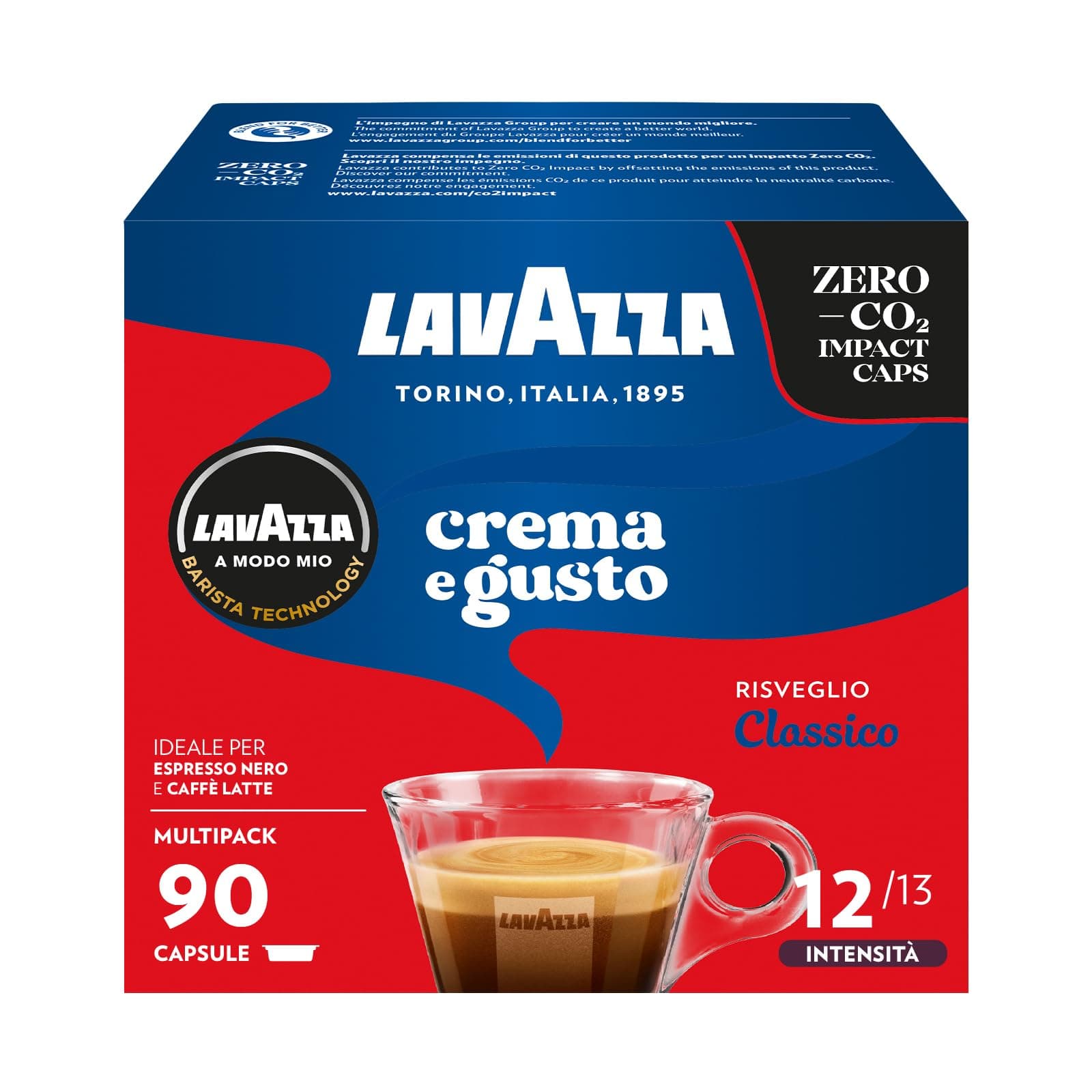Lavazza, A Modo Mio Crema e Gusto Classico, 90 Capsule Caffè, per un Espresso con Note di Cioccolato e Frutta Secca, Arabica e Robusta, Intensità 12/13, Tostatura Media, Confezione da 36 e 54 Capsule