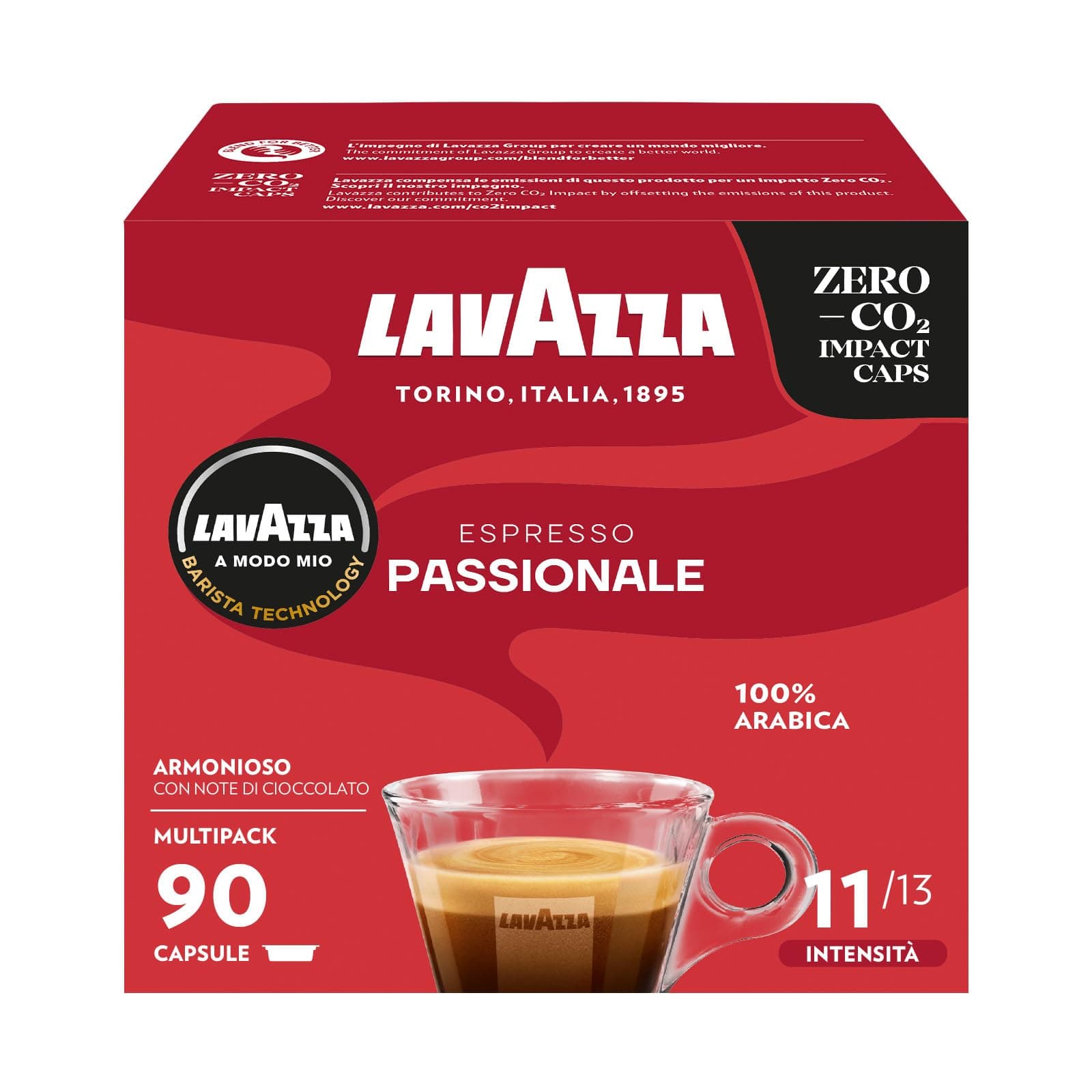 Lavazza, A Modo Mio Passionale, 90 Capsule Caffè, per un Espresso con Note di Caramello e Cioccolato, 100% Arabica, Intensità 11/13, Tostatura Scura, Confezione da 36 e 54 Capsule