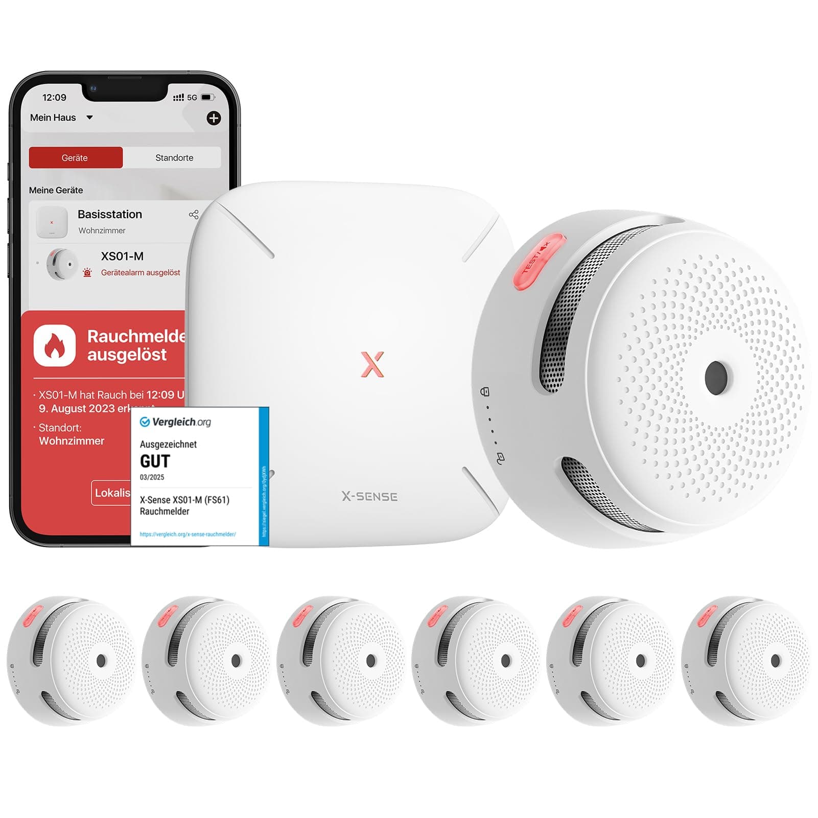 X-Sense Smart Rauchmelder XS01-M mit SBS50 Basisstation, Zertifiziert nach EN 14604, Funkrauchmelder mit WLAN, vernetzbarer Feuermelder, kompatibel mit der X-Sense Home Security App, FS61, 6 Stück