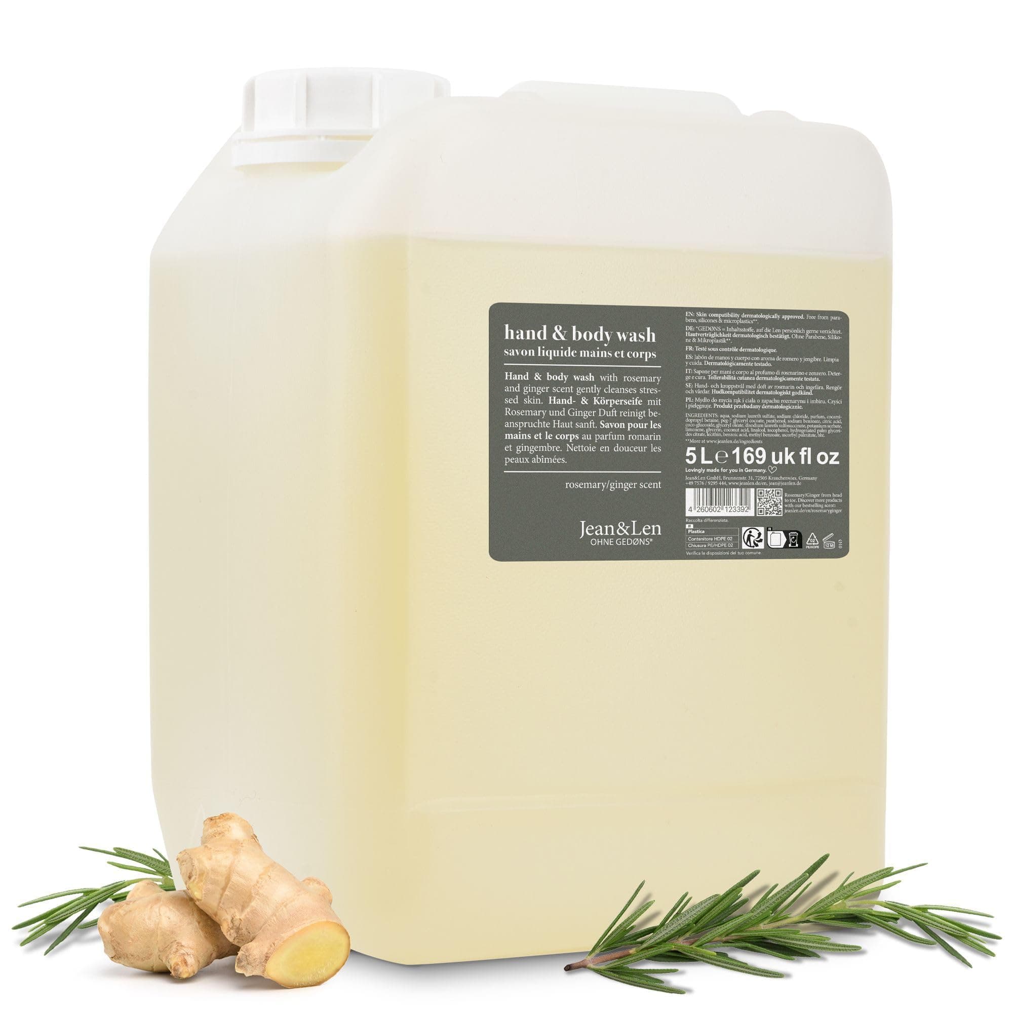 Jean & Len Hand & Body Wash Rosemary und Ginger im Kanister, reinigt und pflegt die Haut, würzig-frischer Duft, Flüssigseife im Nachfüllkanister, ohne Silikone, Parabene & Mikroplastik, 5L