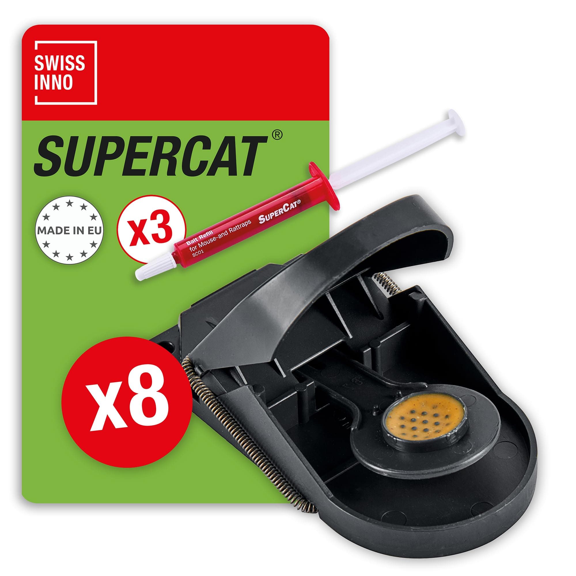SWISSINNO Trampa para Ratones SuperCat - 8 Ratoneras Reutilizables + 3 Recargas – Profesional con Cebo Integrado de Crema de Cacahuete – Trampa Mecánica de Resorte para Uso Interior y Exterior