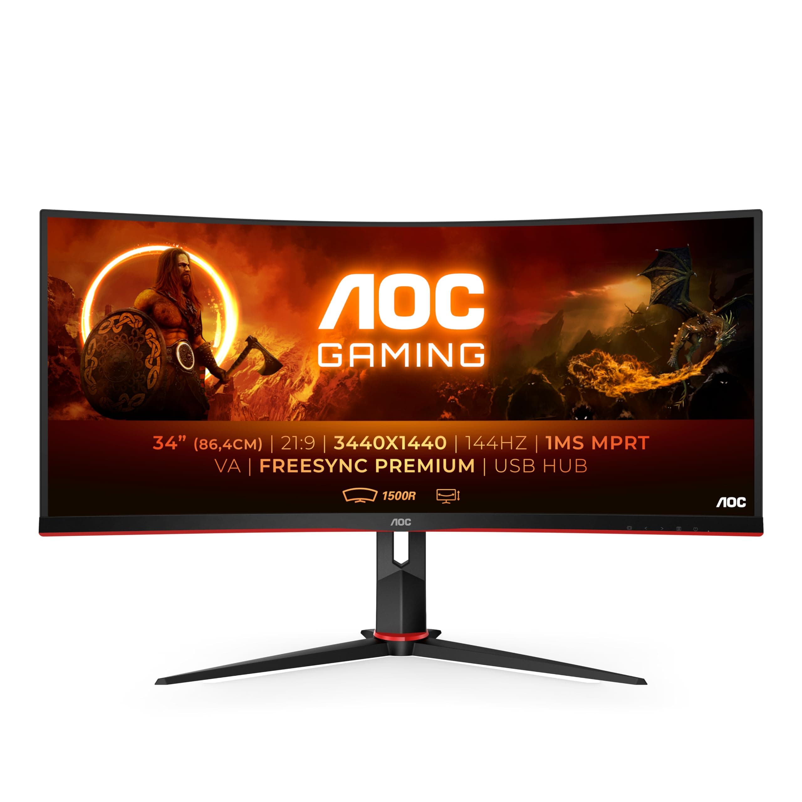 AOC Écran gaming incurvé ultrawide CU34G2X 86 cm (34 pouces) (QHD, HDMI, DisplayPort, FreeSync, temps de réponse de 1 ms, 144 Hz, 3440x1440) noir/rouge