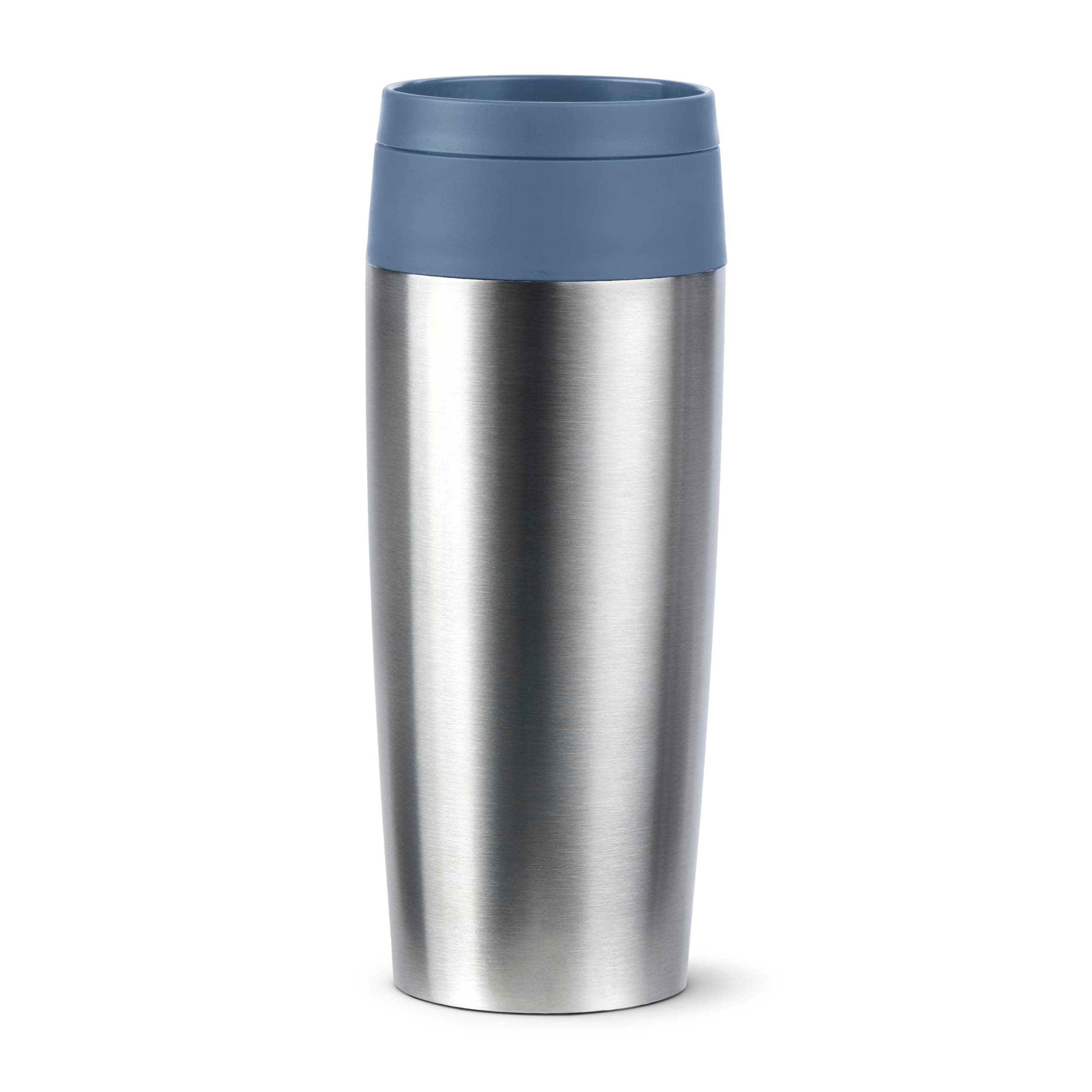 Emsa Travel Mug Eco Isolierbecher, 0,36 l, Comfort-Schraubverschluss, Quick-Press, Öko-Design, 100% dicht, hält Getränke 4h warm und 8h kühl, 360°-Rundum-Trinköffnung, Edelstahl/Blau, N2024100