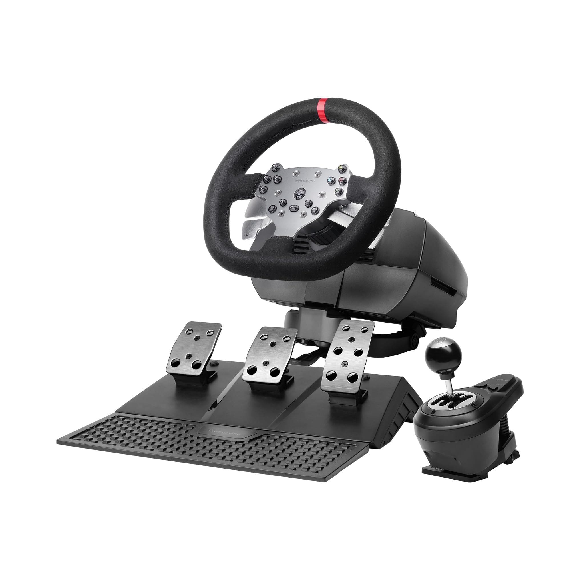 Mars Gaming MWH-RSX, Volante SimRacing con Force Feedback y Motor Dual, Set 3 Pedales con Resistencia Progresiva, Palanca Cambios en H y 12 Marchas, 14 Botones Personalizables, PC/PS4/Xbox Series X|S